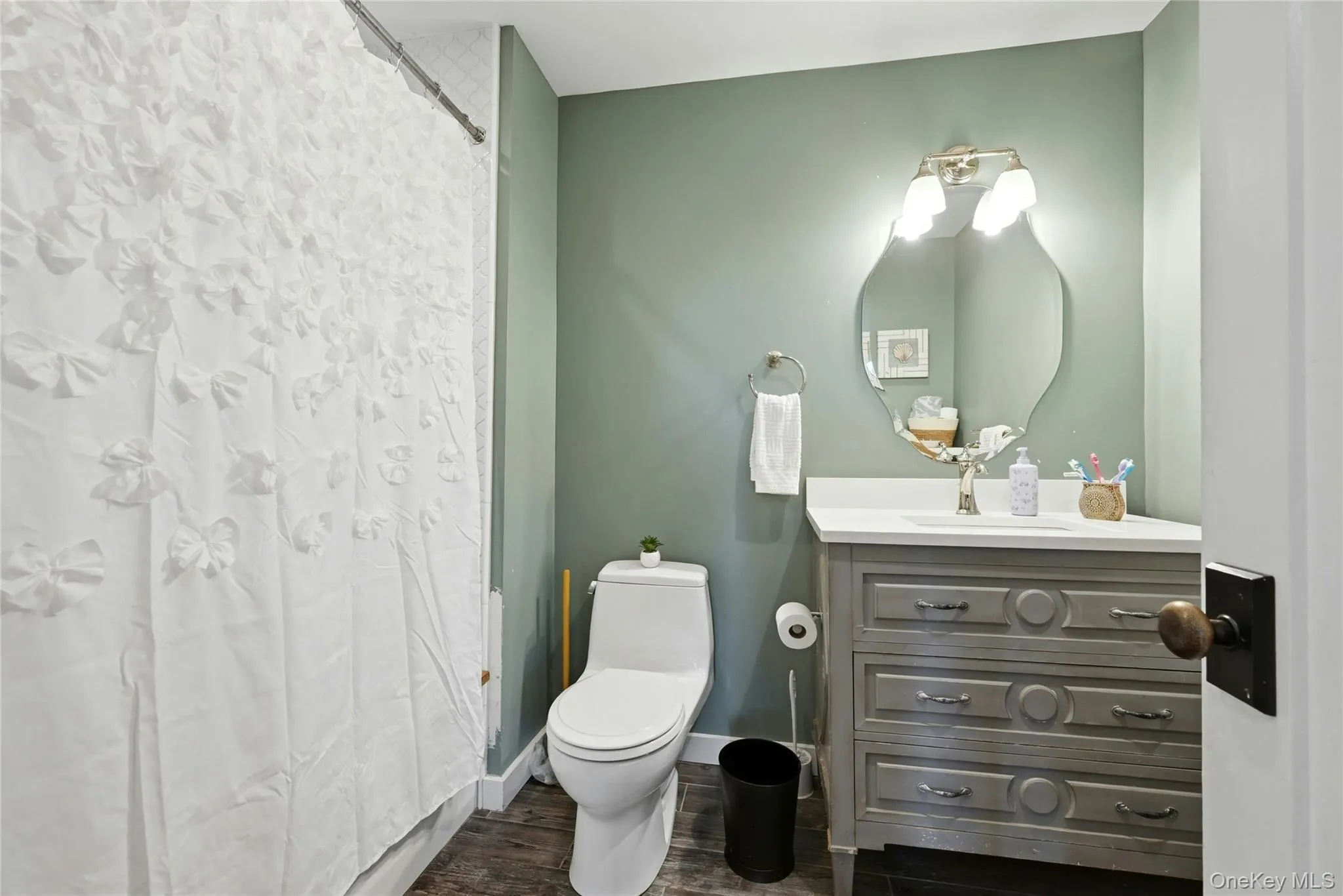 Bathroom featuring a gray vanity with a white countertop, a decorative mirror, and a two-light fixture Bathroom featuring a gray vanity with a white countertop, a decorative mirror, and a two-light fixture