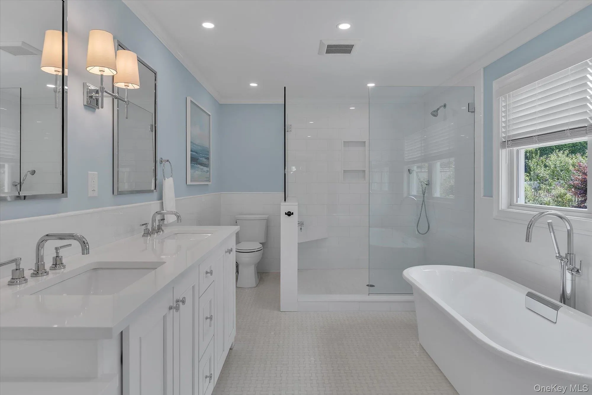 Double Sink Vanity W/Makeup Area, Open Concept Walk-In Shower, & Soaking Bathtub, & Marble Basket Weave Floor Inlaid With Mother Of Pearl. Double Sink Vanity W/Makeup Area, Open Concept Walk-In Shower, & Soaking Bathtub, & Marble Basket Weave Floor Inlaid With Mother Of Pearl.