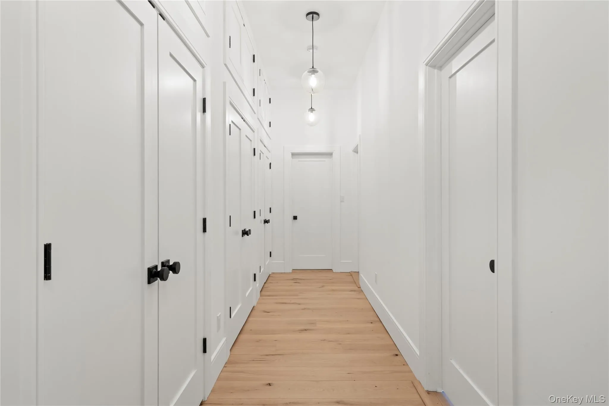 LowerHallway featuring light wood-finish flooring, white walls, and multiple built-in storage units LowerHallway featuring light wood-finish flooring, white walls, and multiple built-in storage units
