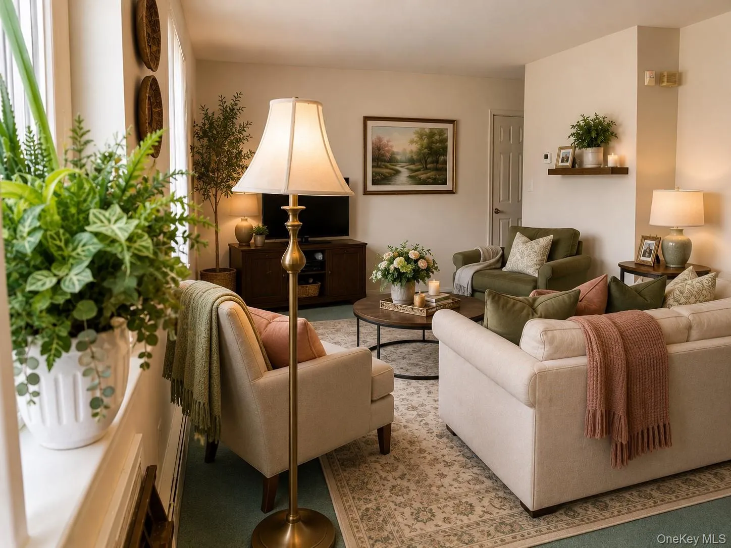 Spacious living area featuring light-toned walls and a carpeted floor with an area rug Spacious living area featuring light-toned walls and a carpeted floor with an area rug