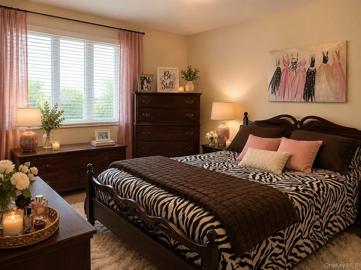 Bedroom featuring a prominent window with horizontal blinds and full-length drapes Bedroom featuring a prominent window with horizontal blinds and full-length drapes
