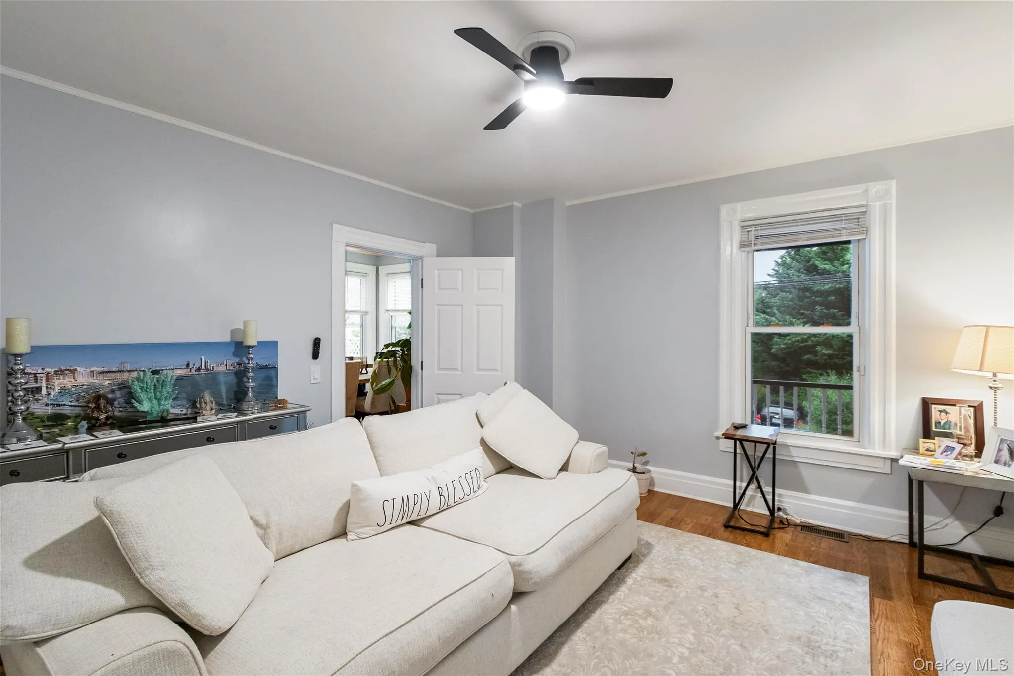Bright room featuring a window with exterior visibility, wood-finish flooring, a ceiling fan with integrated lighting, and crown molding Bright room featuring a window with exterior visibility, wood-finish flooring, a ceiling fan with integrated lighting, and crown molding