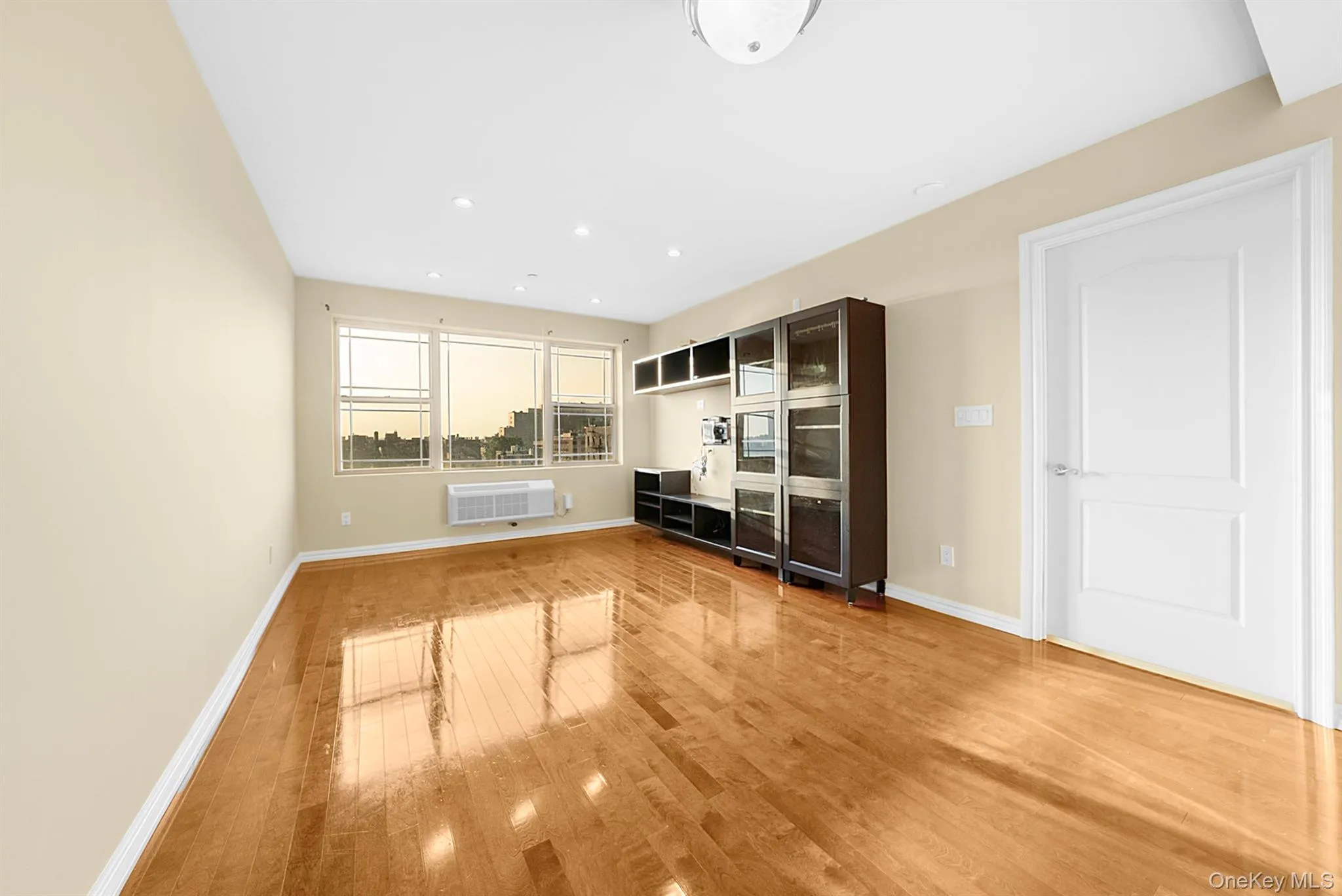 Spacious room featuring wood-finish flooring, light-colored walls, recessed lighting, and a white paneled door Spacious room featuring wood-finish flooring, light-colored walls, recessed lighting, and a white paneled door