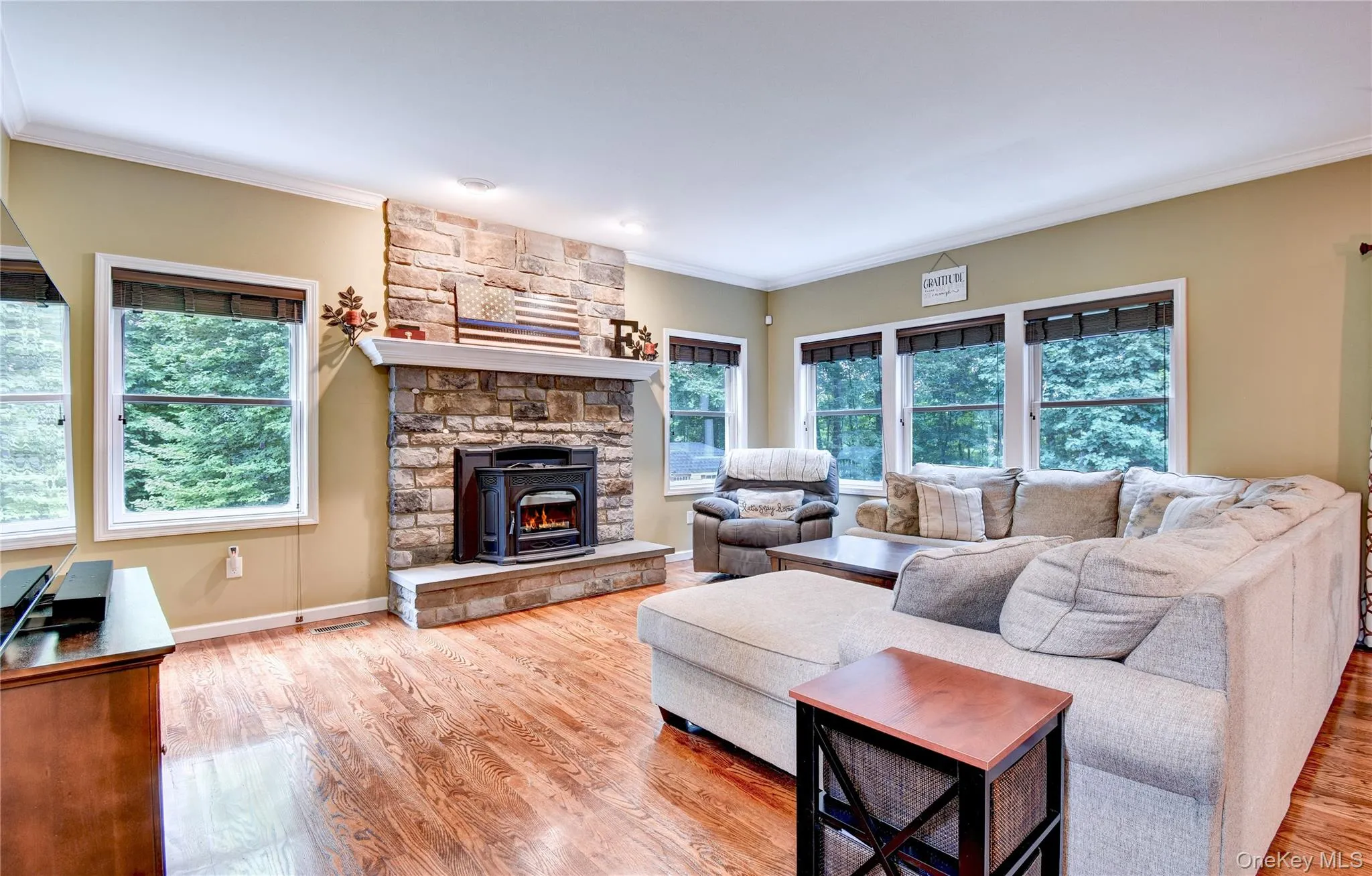 Living area featuring wood flooring, a stone-faced fireplace with hearth and pellet stove, recessed lighting, and multiple windows Living area featuring wood flooring, a stone-faced fireplace with hearth and pellet stove, recessed lighting, and multiple windows