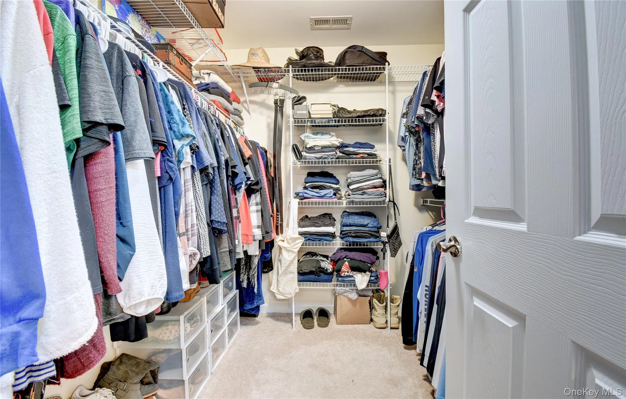 Walk-in closet featuring carpet flooring, white wire shelving, multiple hanging rods, and a paneled door Walk-in closet featuring carpet flooring, white wire shelving, multiple hanging rods, and a paneled door