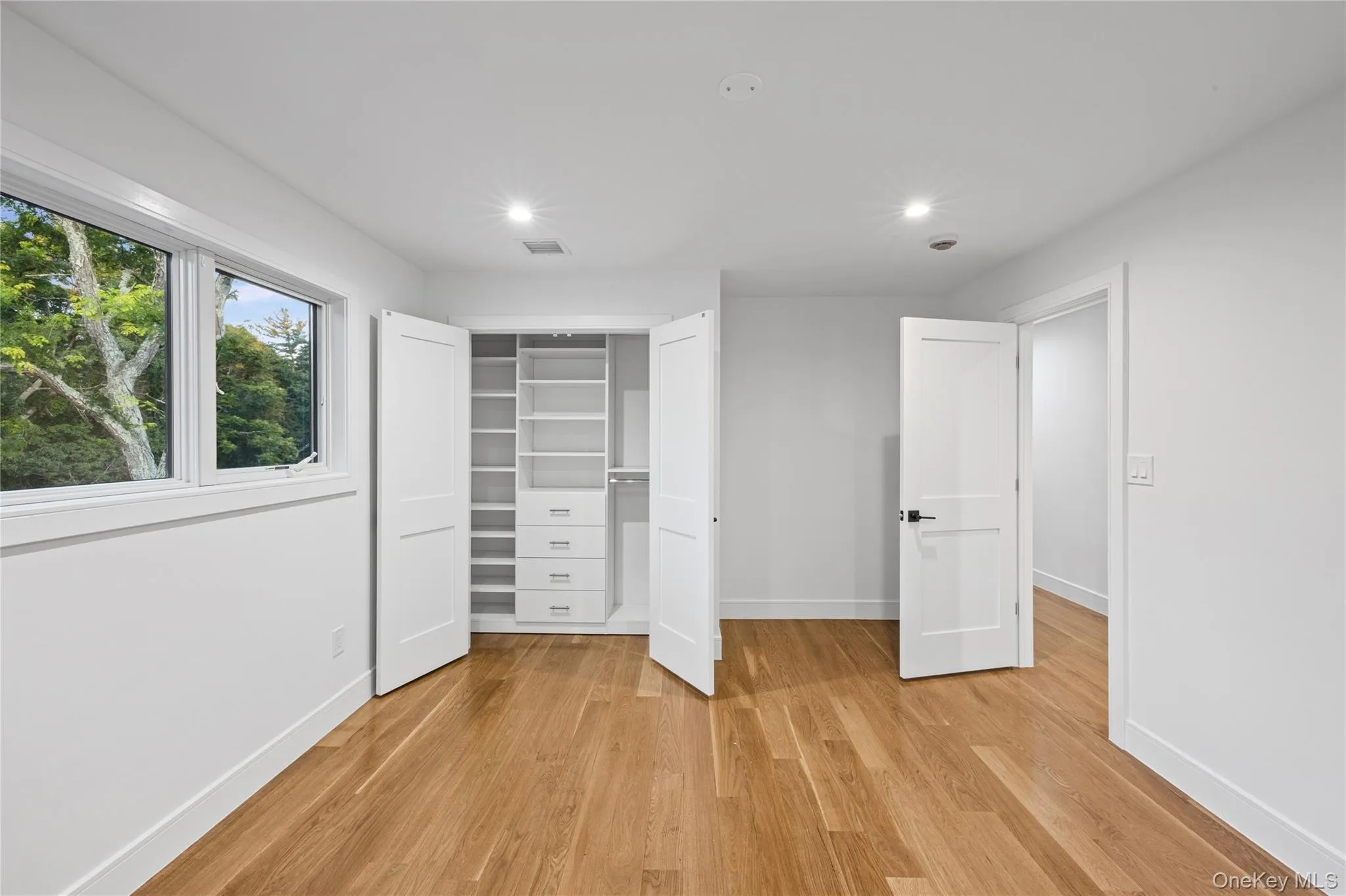Room featuring wood-finish flooring, recessed lighting, and a custom built-in closet system with shelving and drawers Room featuring wood-finish flooring, recessed lighting, and a custom built-in closet system with shelving and drawers