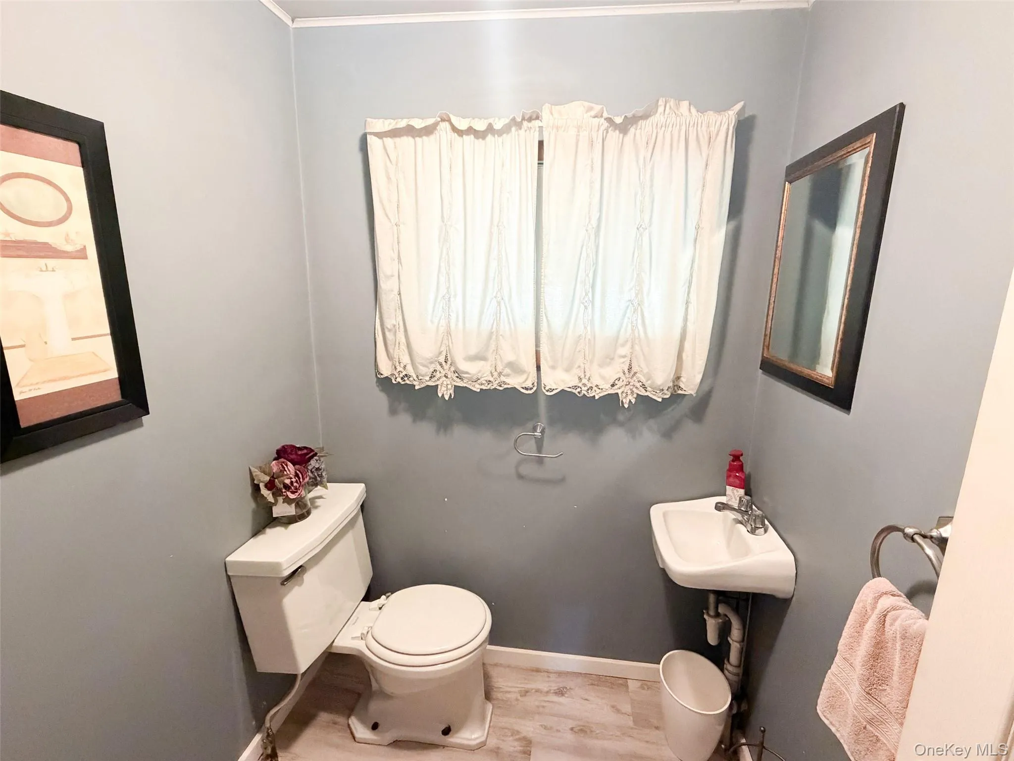 Compact bathroom featuring a white porcelain toilet, a wall-mounted sink with chrome faucet, and wood-finish flooring Compact bathroom featuring a white porcelain toilet, a wall-mounted sink with chrome faucet, and wood-finish flooring