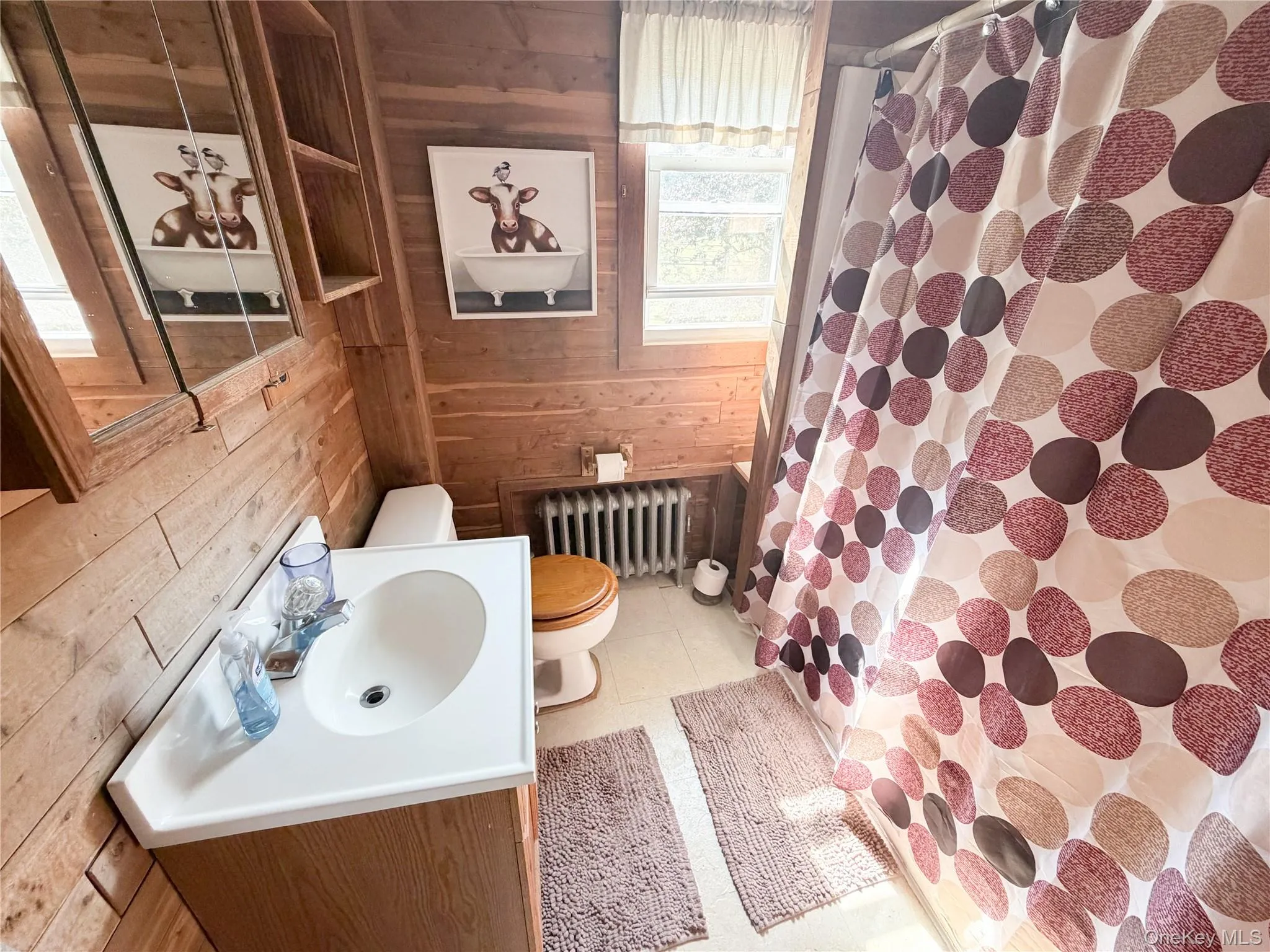 Bathroom featuring natural wood plank walls, a white vanity with an integrated sink, and a mirrored medicine cabinet Bathroom featuring natural wood plank walls, a white vanity with an integrated sink, and a mirrored medicine cabinet