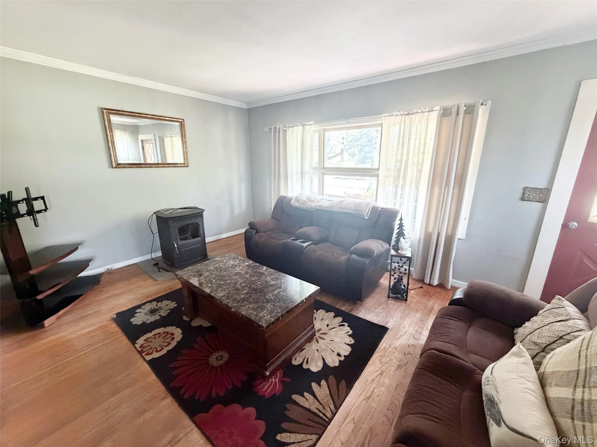 Living space featuring wood-finish flooring, a bright window with sheer and blackout curtains, and a dark accent door Living space featuring wood-finish flooring, a bright window with sheer and blackout curtains, and a dark accent door