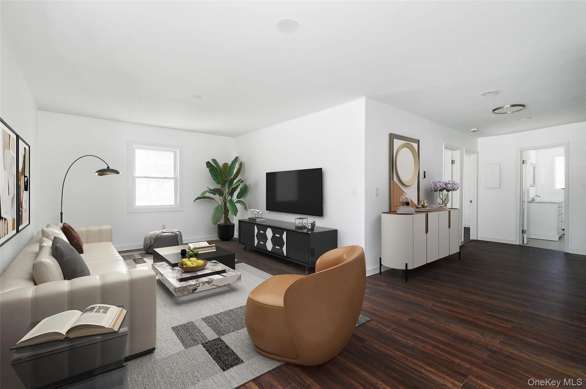 Living room (virtually staged) featuring dark hardwood / wood-style flooring Living room (virtually staged) featuring dark hardwood / wood-style flooring