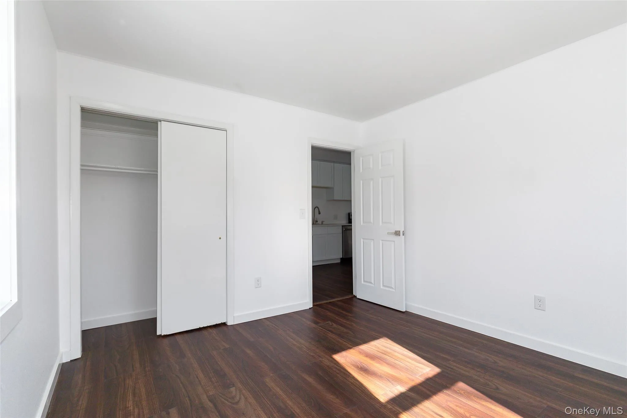 Unfurnished bedroom with sink, dark wood-type flooring, and a closet Unfurnished bedroom with sink, dark wood-type flooring, and a closet