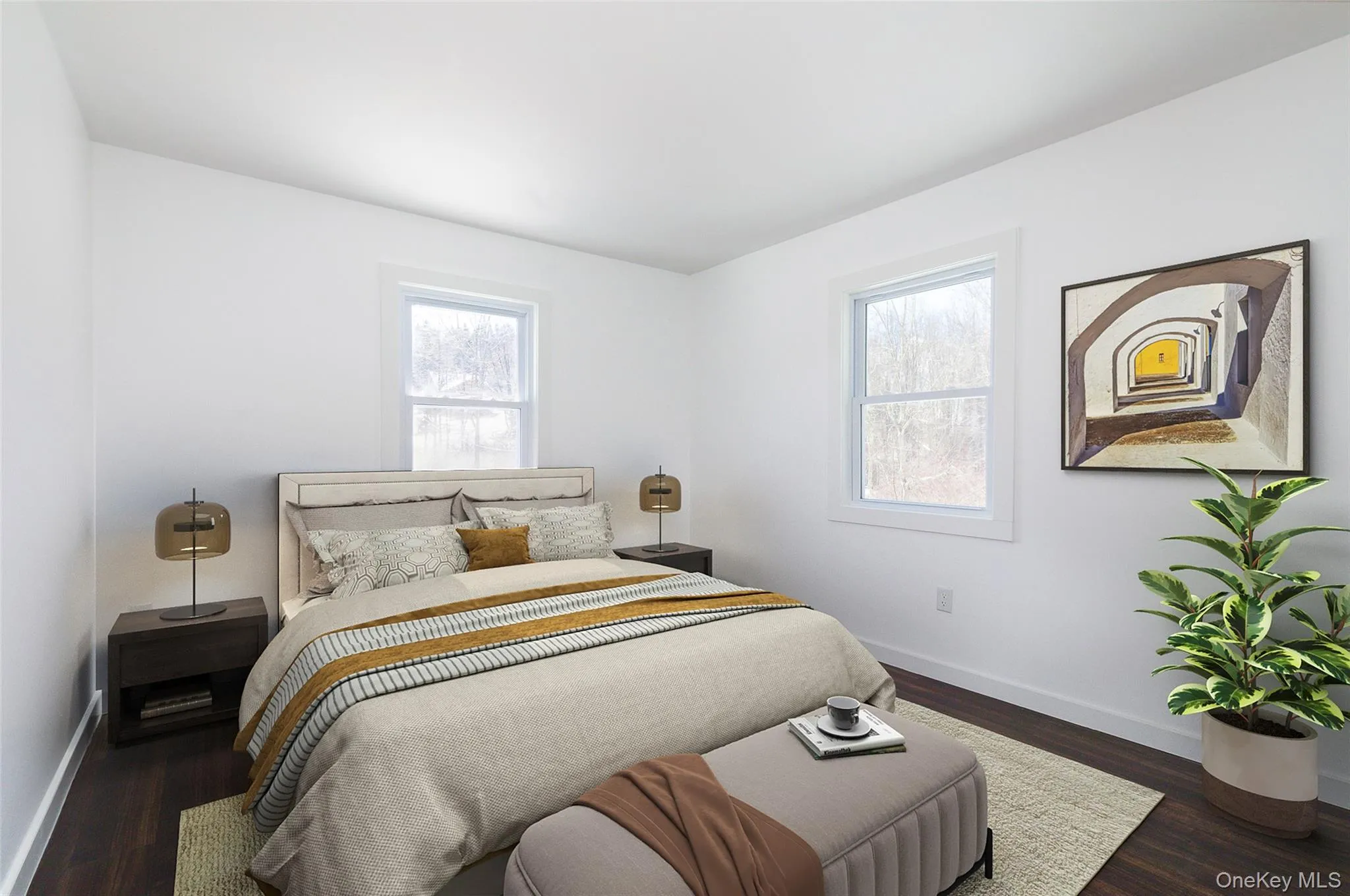 Bedroom (virtually staged) featuring multiple windows and dark hardwood / wood-style floors Bedroom (virtually staged) featuring multiple windows and dark hardwood / wood-style floors
