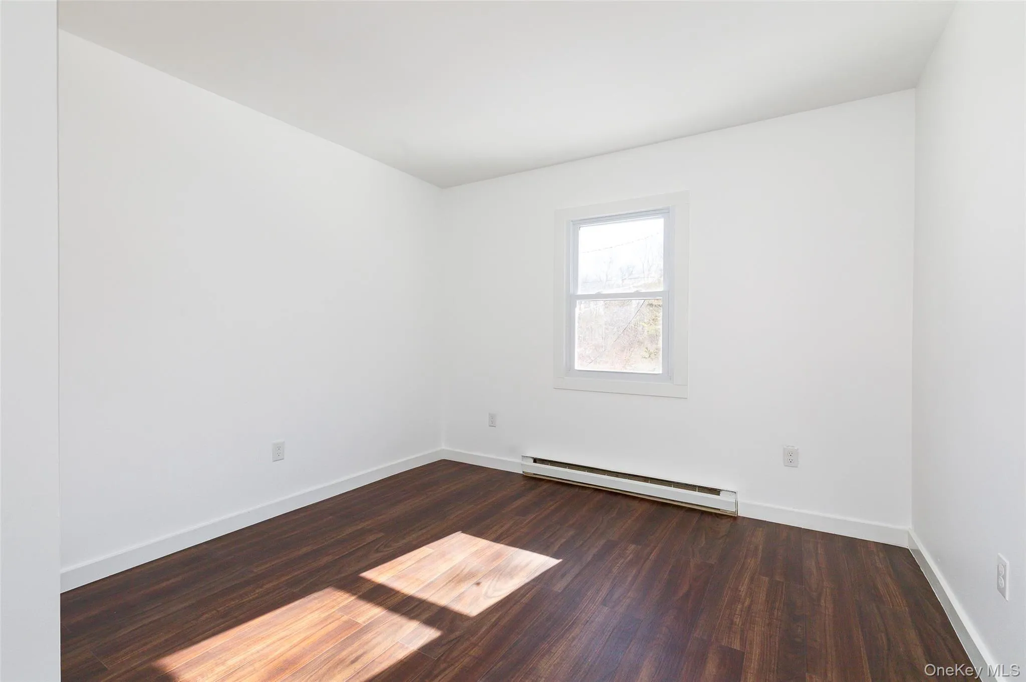 Bedroom featuring a baseboard radiator and dark hardwood / wood-style flooring Bedroom featuring a baseboard radiator and dark hardwood / wood-style flooring