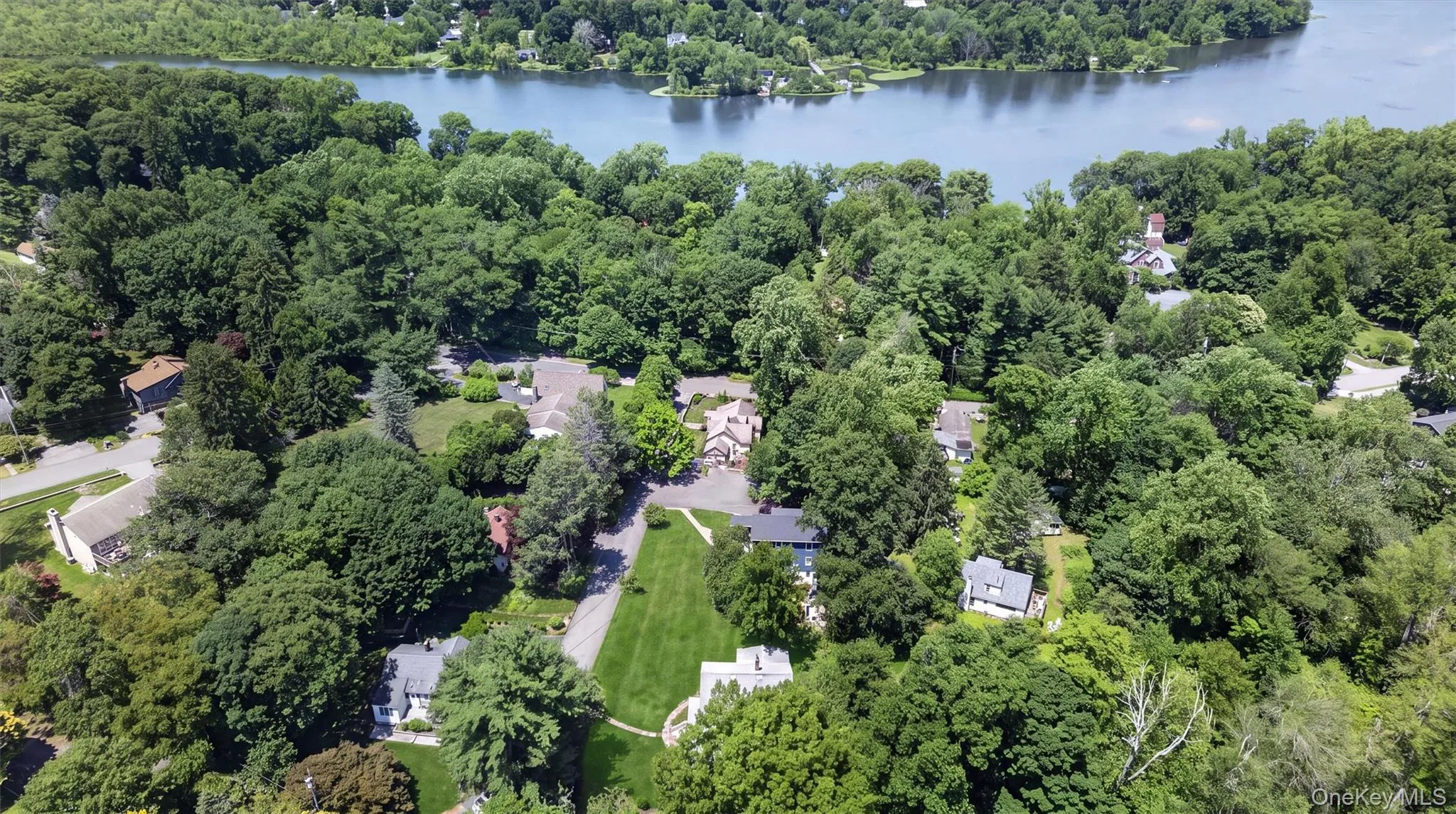 Aerial perspective showcasing a residential area with extensive mature tree coverage and a prominent body of water in the background Aerial perspective showcasing a residential area with extensive mature tree coverage and a prominent body of water in the background