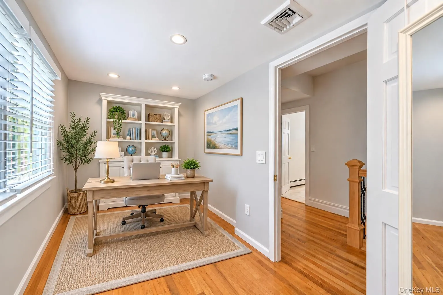 bonus room ideas great for office Recessed lighting, wood-finish flooring, white built-in shelving, and a window with blinds bonus room ideas great for office Recessed lighting, wood-finish flooring, white built-in shelving, and a window with blinds