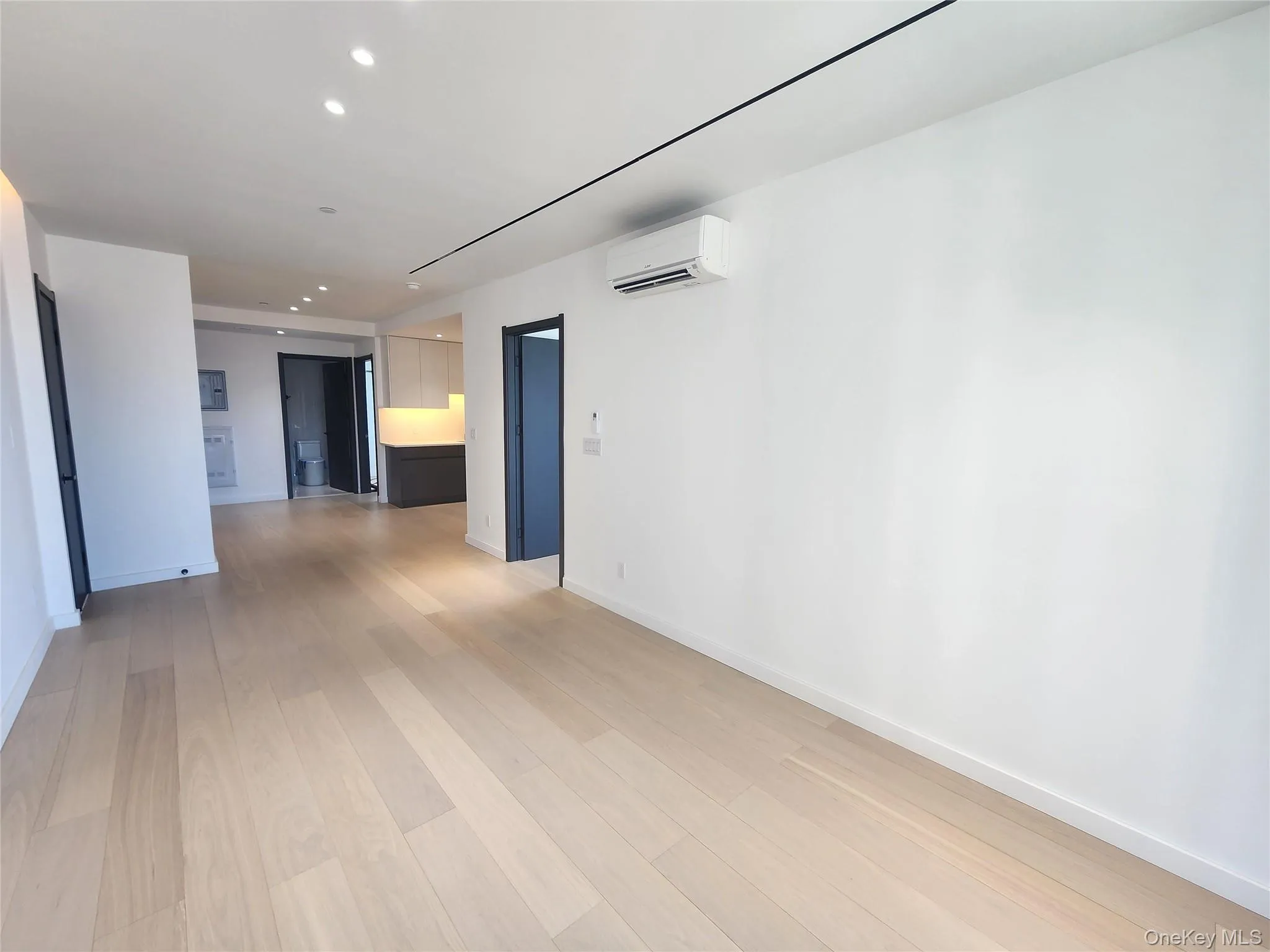Spacious interior featuring light wood-finish flooring, white walls, recessed lighting, and an overhead track light system Spacious interior featuring light wood-finish flooring, white walls, recessed lighting, and an overhead track light system