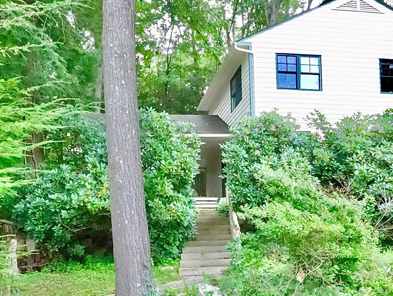 Steps down to a small lawn, lakefront, docks and swim area. Steps down to a small lawn, lakefront, docks and swim area.