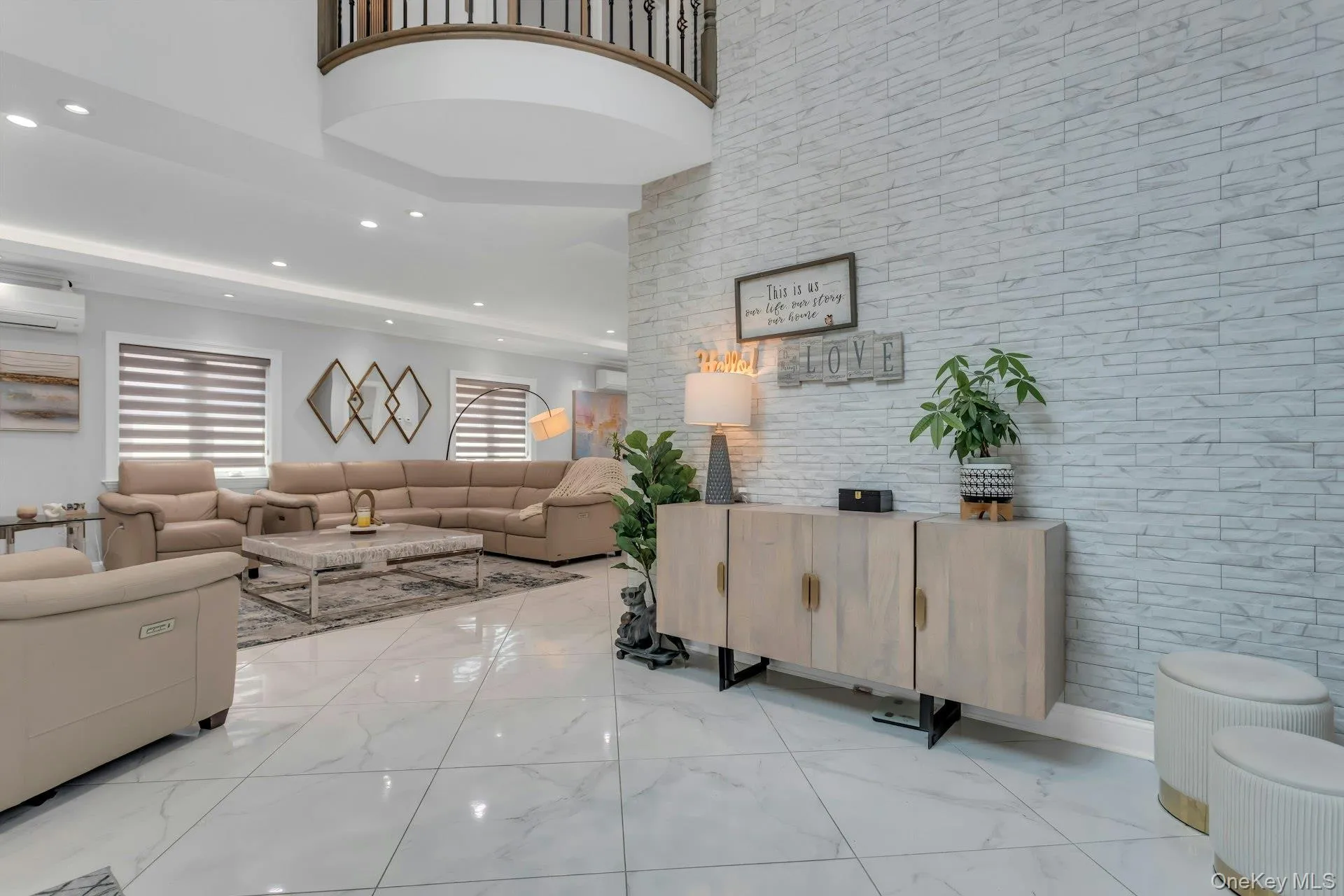 Stunning ceiling fixtures throughout with a white porcelain veined tile installed on an angle, magnifiying the length of each beautiful room Stunning ceiling fixtures throughout with a white porcelain veined tile installed on an angle, magnifiying the length of each beautiful room