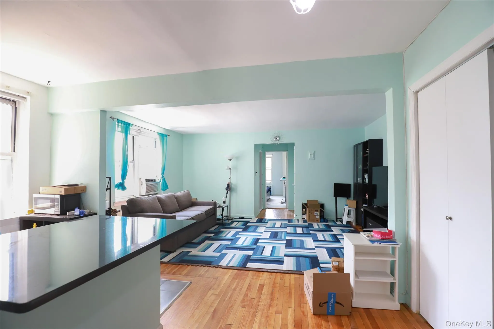 Open-concept living area featuring wood-finish flooring, a bright window, and a built-in air conditioning unit Open-concept living area featuring wood-finish flooring, a bright window, and a built-in air conditioning unit