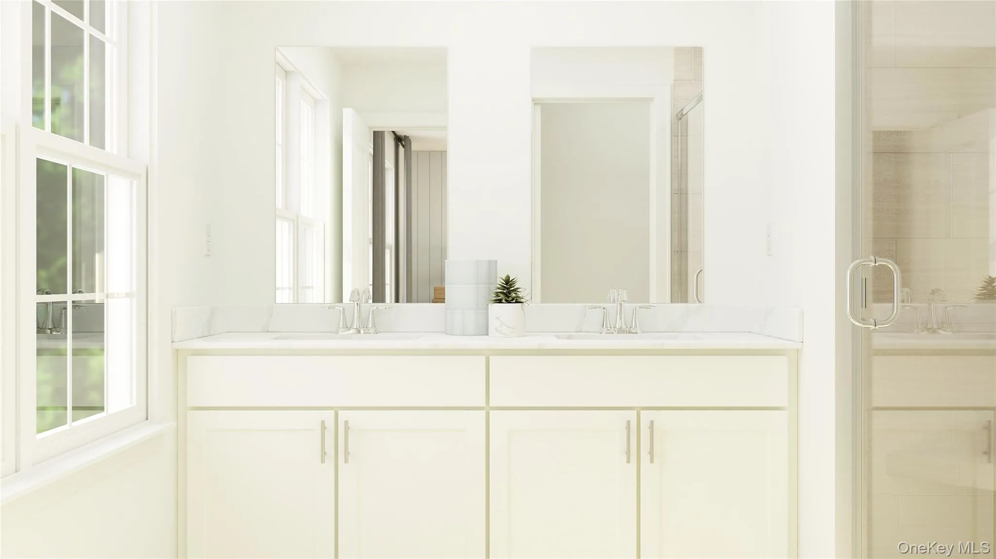 Bathroom with double vanity, a shower stall, and plenty of natural light Bathroom with double vanity, a shower stall, and plenty of natural light