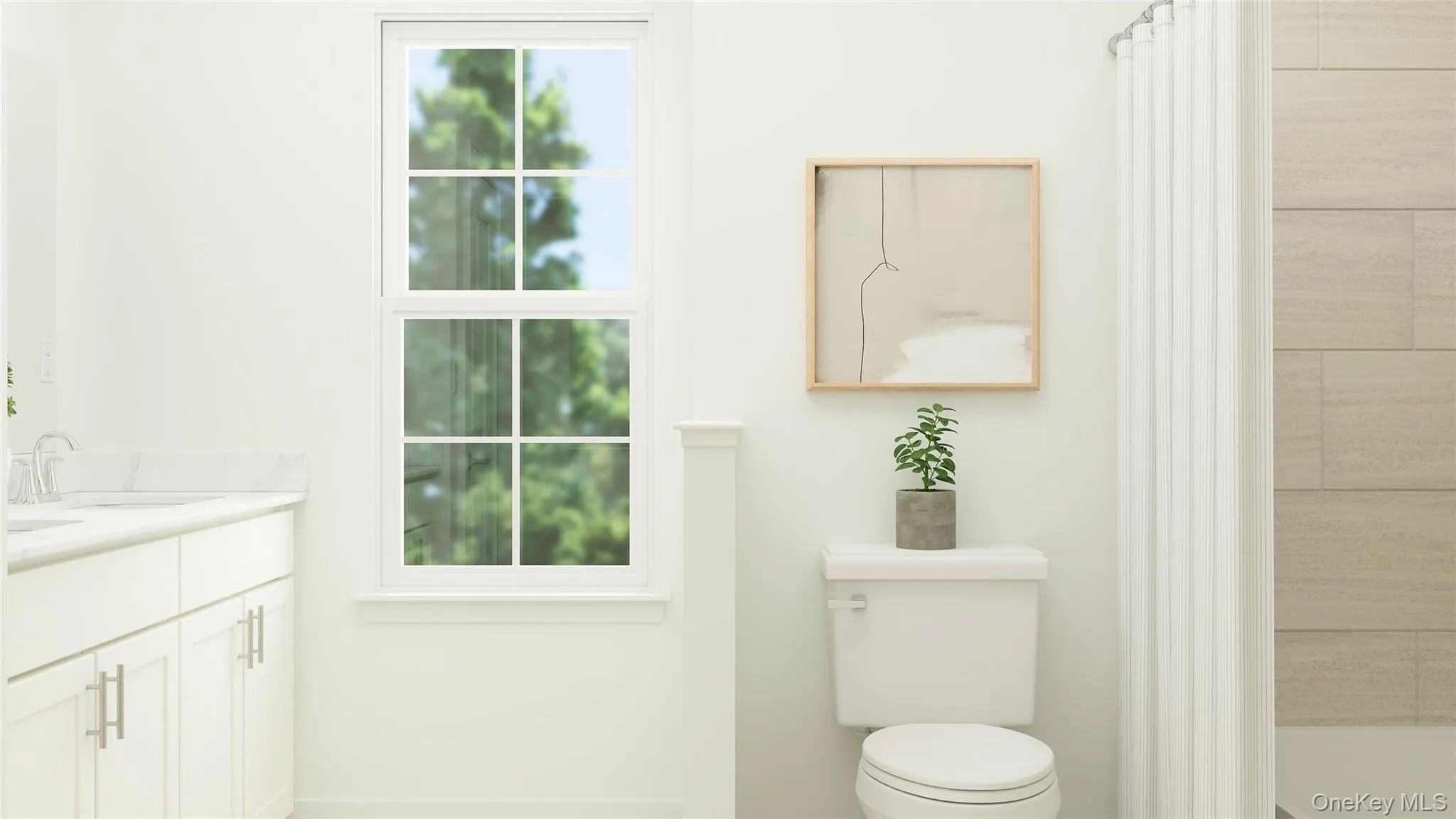 Bathroom featuring double vanity and curtained shower Bathroom featuring double vanity and curtained shower