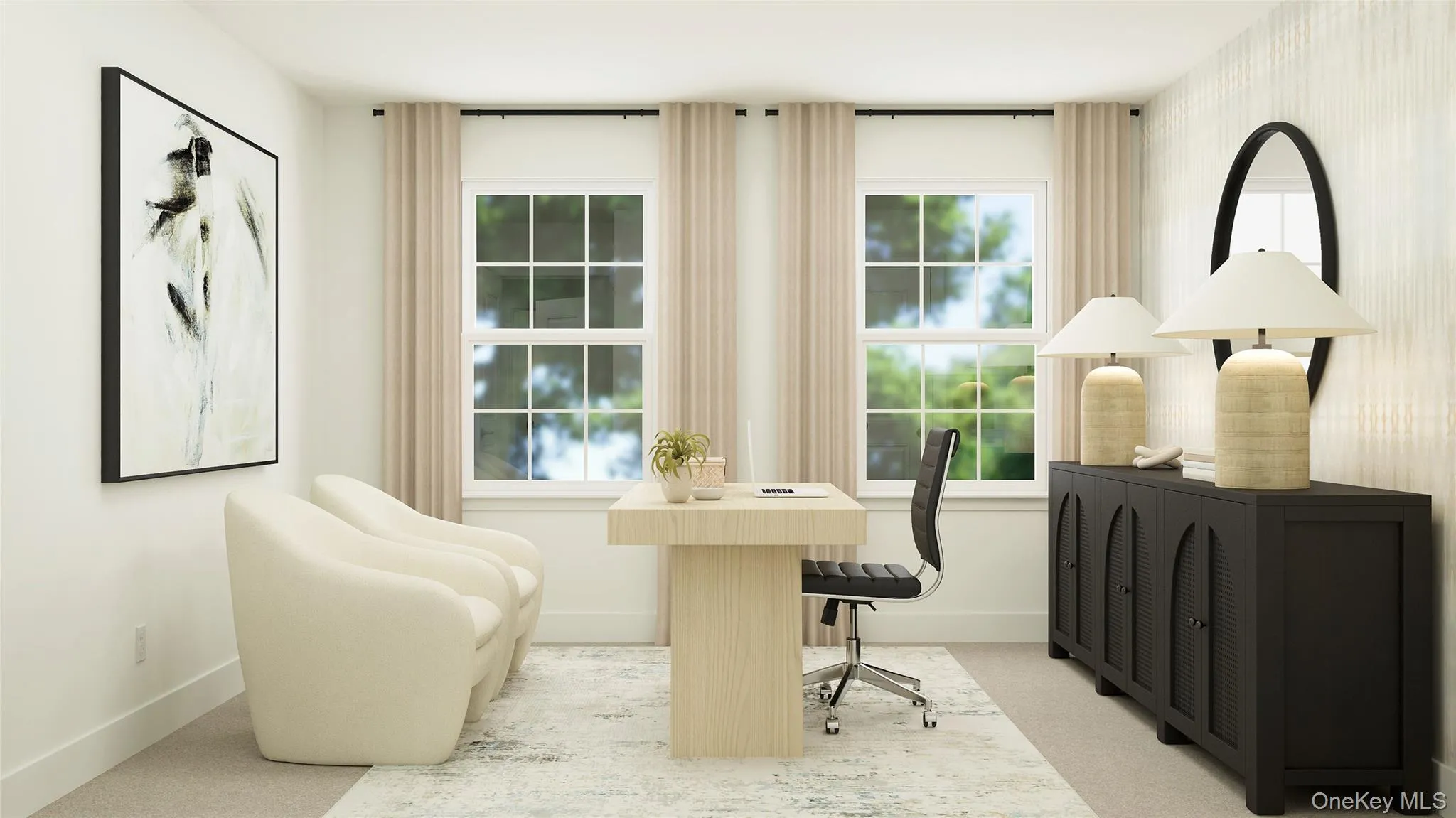 Sitting room with a desk and carpet floors Sitting room with a desk and carpet floors
