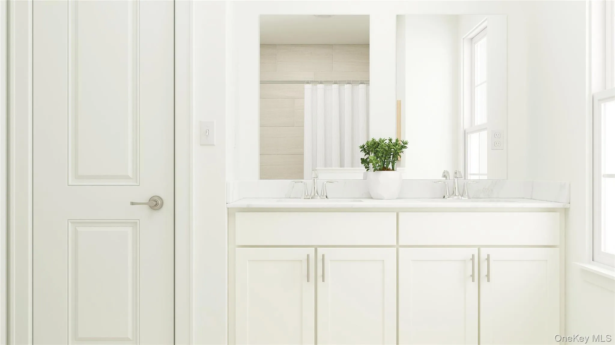 Full bath featuring a tile shower and double vanity Full bath featuring a tile shower and double vanity