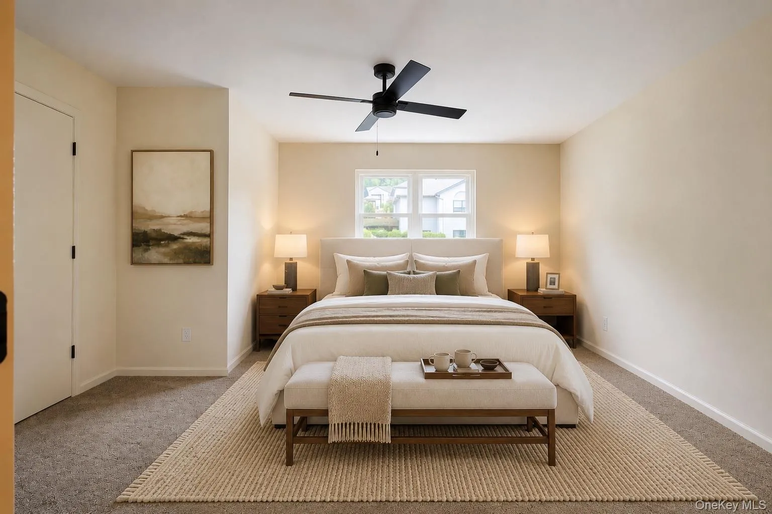 Carpeted bedroom with a matte black ceiling fan, white trim, and a double window. This image has been digitally enhanced for visualization purposes to demonstrate potential furnishings, décor, and space planning. Actual property is conveyed unfurnished unless otherwise noted. Carpeted bedroom with a matte black ceiling fan, white trim, and a double window. This image has been digitally enhanced for visualization purposes to demonstrate potential furnishings, décor, and space planning. Actual property is conveyed unfurnished unless otherwise noted.