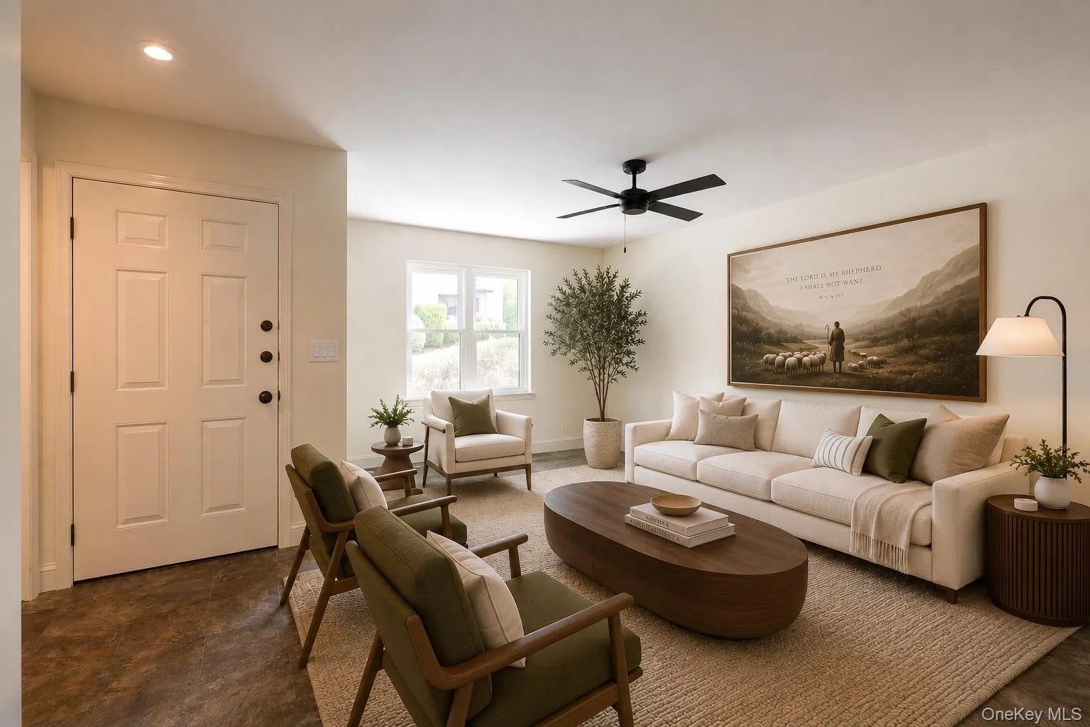 Spacious living area featuring a six-panel entry door, a ceiling fan with integrated lighting, recessed lighting, a large window, and light-toned walls. This image has been digitally enhanced for visualization purposes to demonstrate potential furnishings, décor, and space planning. Actual property is conveyed unfurnished unless otherwise noted. Spacious living area featuring a six-panel entry door, a ceiling fan with integrated lighting, recessed lighting, a large window, and light-toned walls. This image has been digitally enhanced for visualization purposes to demonstrate potential furnishings, décor, and space planning. Actual property is conveyed unfurnished unless otherwise noted.