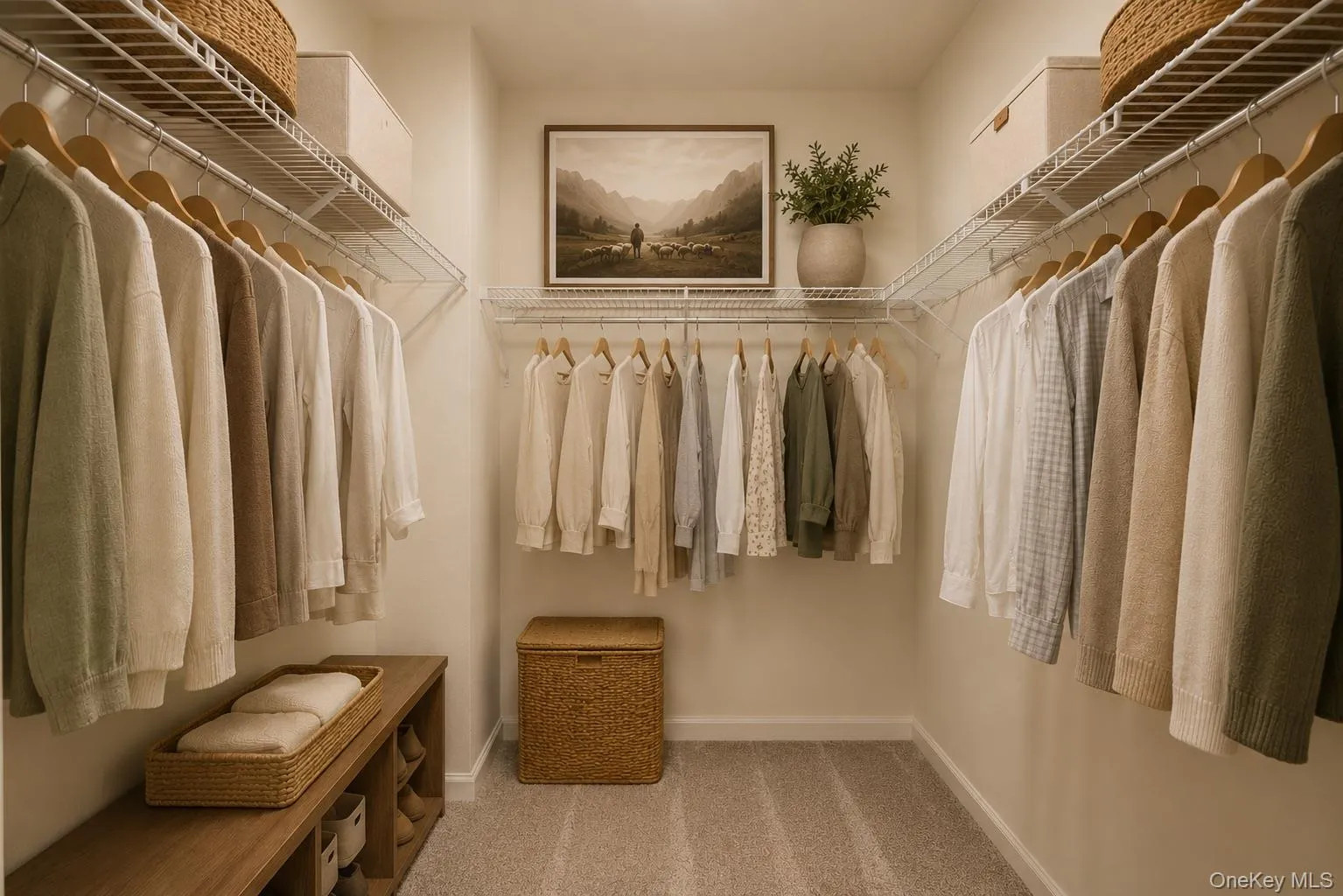 Walk-in closet featuring carpet flooring, white wire shelving, and multiple hanging rods. This image has been digitally enhanced for visualization purposes to demonstrate potential furnishings, décor, and space planning. Actual property is conveyed unfurnished unless otherwise noted. Walk-in closet featuring carpet flooring, white wire shelving, and multiple hanging rods. This image has been digitally enhanced for visualization purposes to demonstrate potential furnishings, décor, and space planning. Actual property is conveyed unfurnished unless otherwise noted.