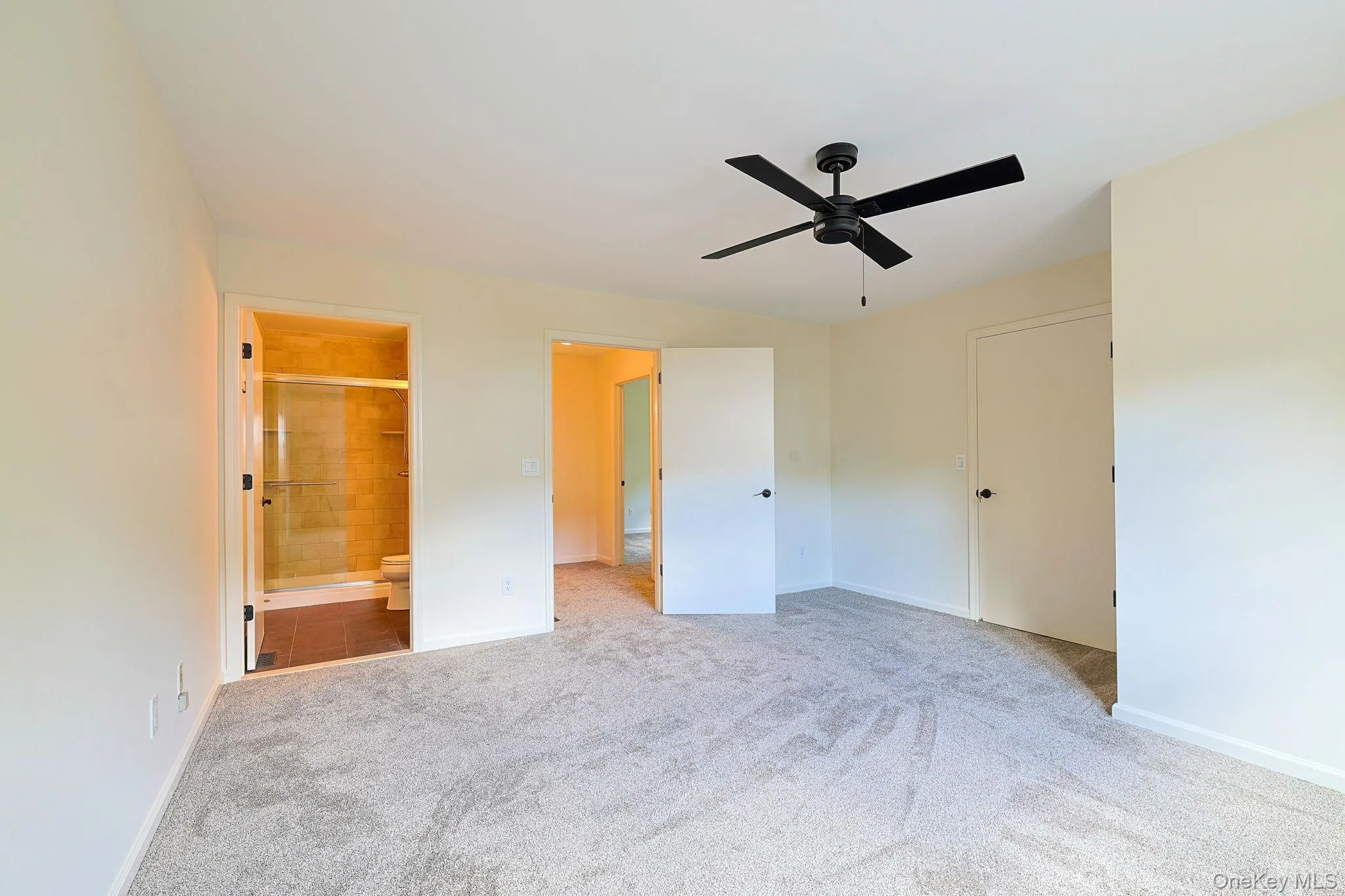 Spacious room featuring light-colored walls, soft gray carpeting, and a modern black ceiling fan Spacious room featuring light-colored walls, soft gray carpeting, and a modern black ceiling fan