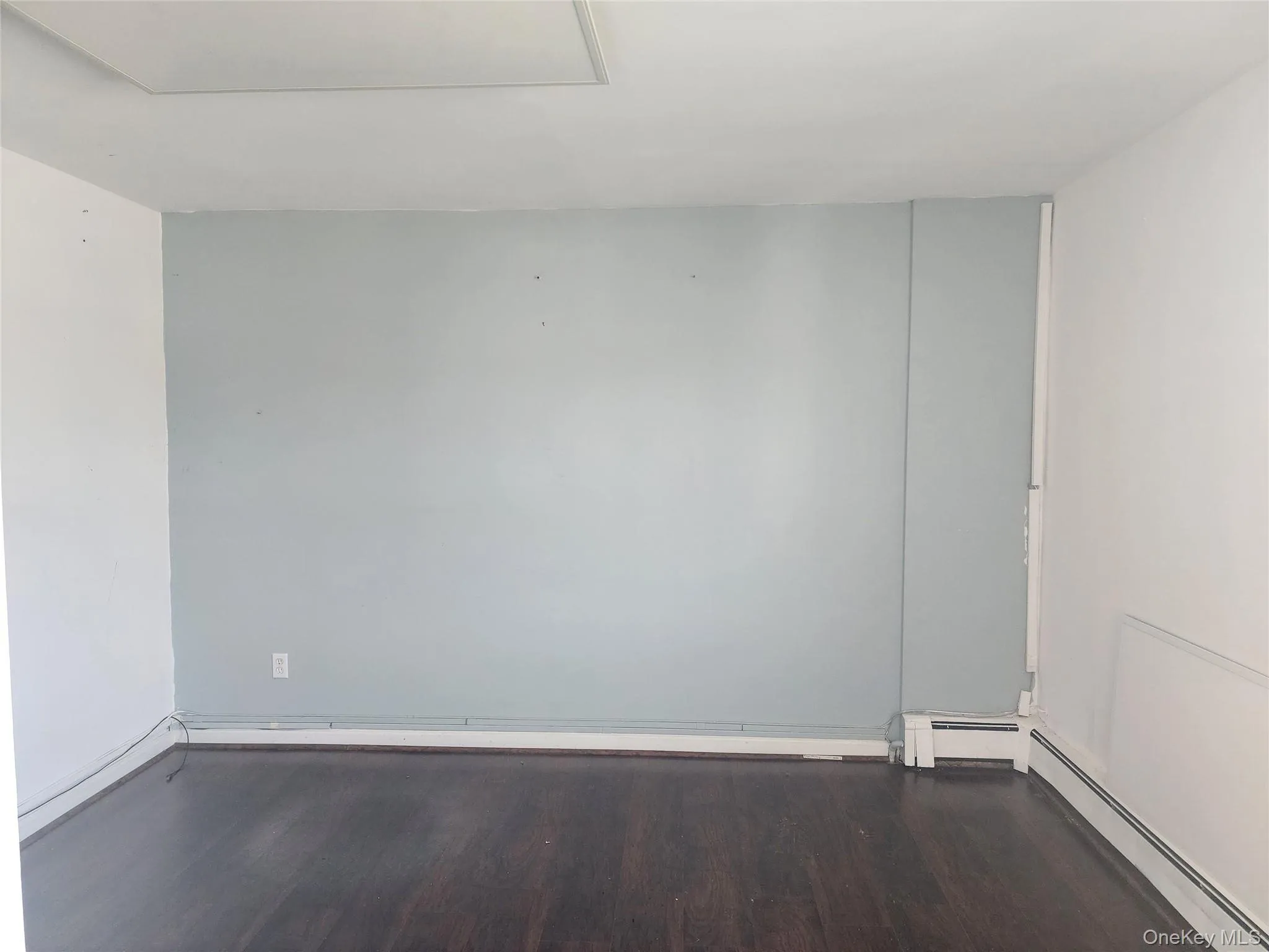 Room featuring dark wood-finish flooring, light blue and white painted walls, and baseboard heating Room featuring dark wood-finish flooring, light blue and white painted walls, and baseboard heating