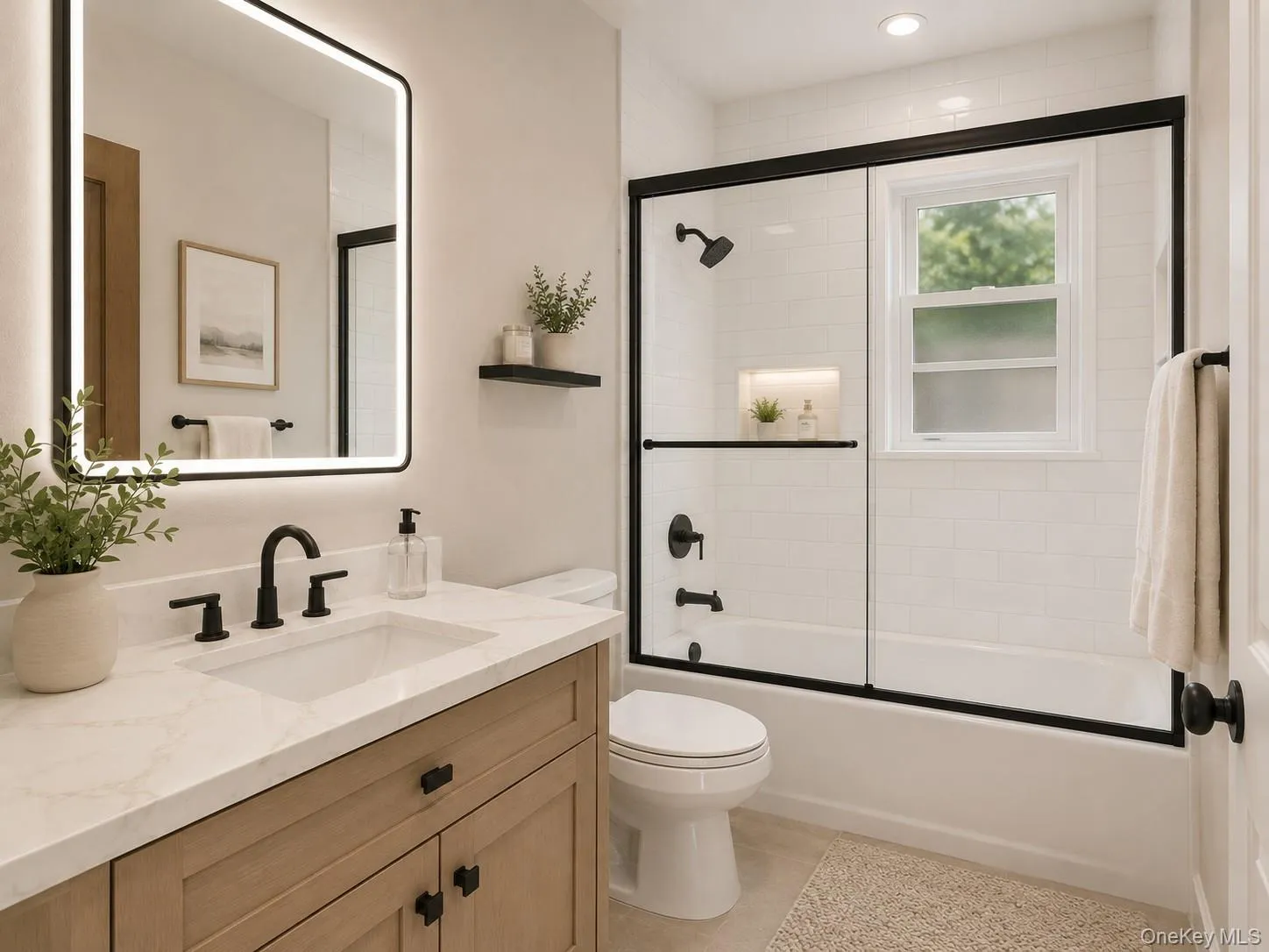 Rendered Bathroom featuring a wood-finish vanity with a quartz countertop, a rectangular undermount sink, and matte black fixtures Rendered Bathroom featuring a wood-finish vanity with a quartz countertop, a rectangular undermount sink, and matte black fixtures