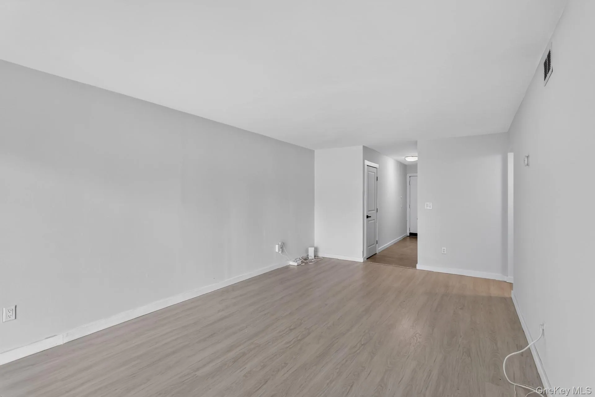 Spacious room featuring light wood-finish flooring, light gray walls, white baseboards, a flat white ceiling, and a hallway with white doors Spacious room featuring light wood-finish flooring, light gray walls, white baseboards, a flat white ceiling, and a hallway with white doors