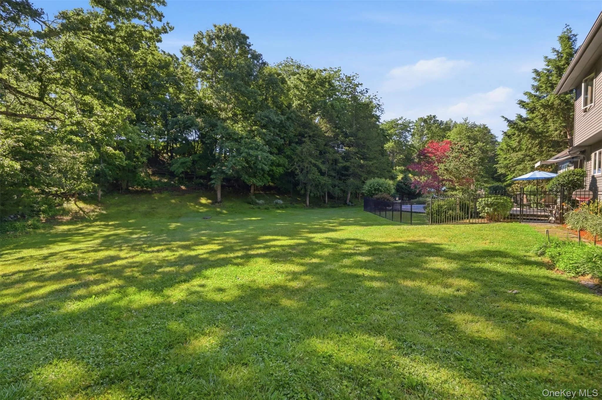 Expansive green lawn with mature trees bordering the property Expansive green lawn with mature trees bordering the property