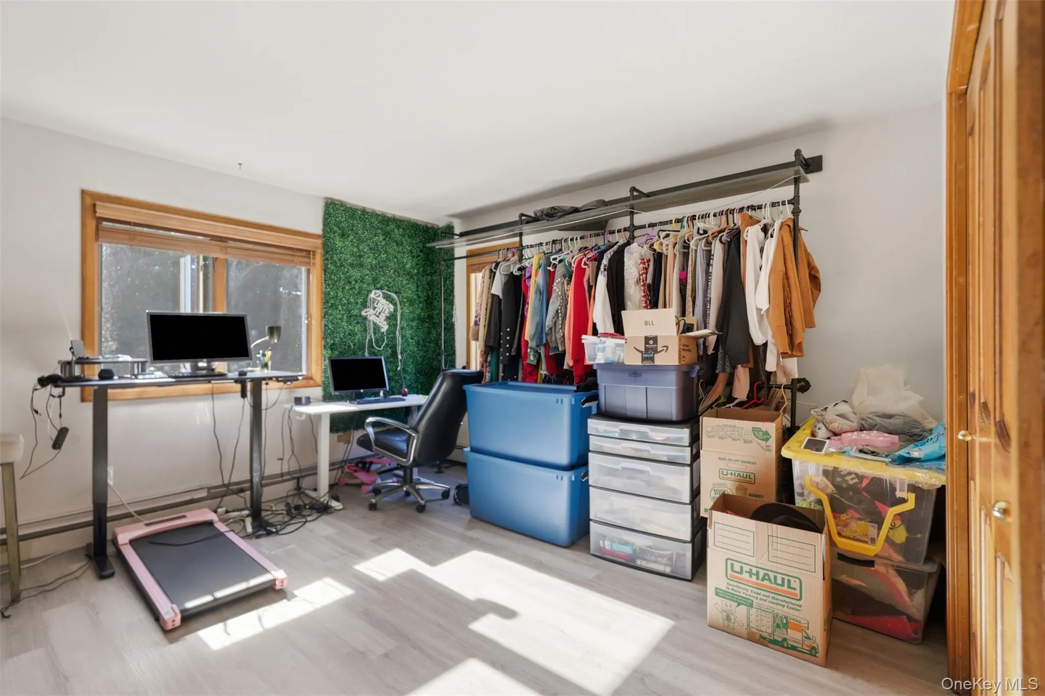 Room featuring wood-finish flooring, a window with wood trim, and a built-in clothing rack Room featuring wood-finish flooring, a window with wood trim, and a built-in clothing rack