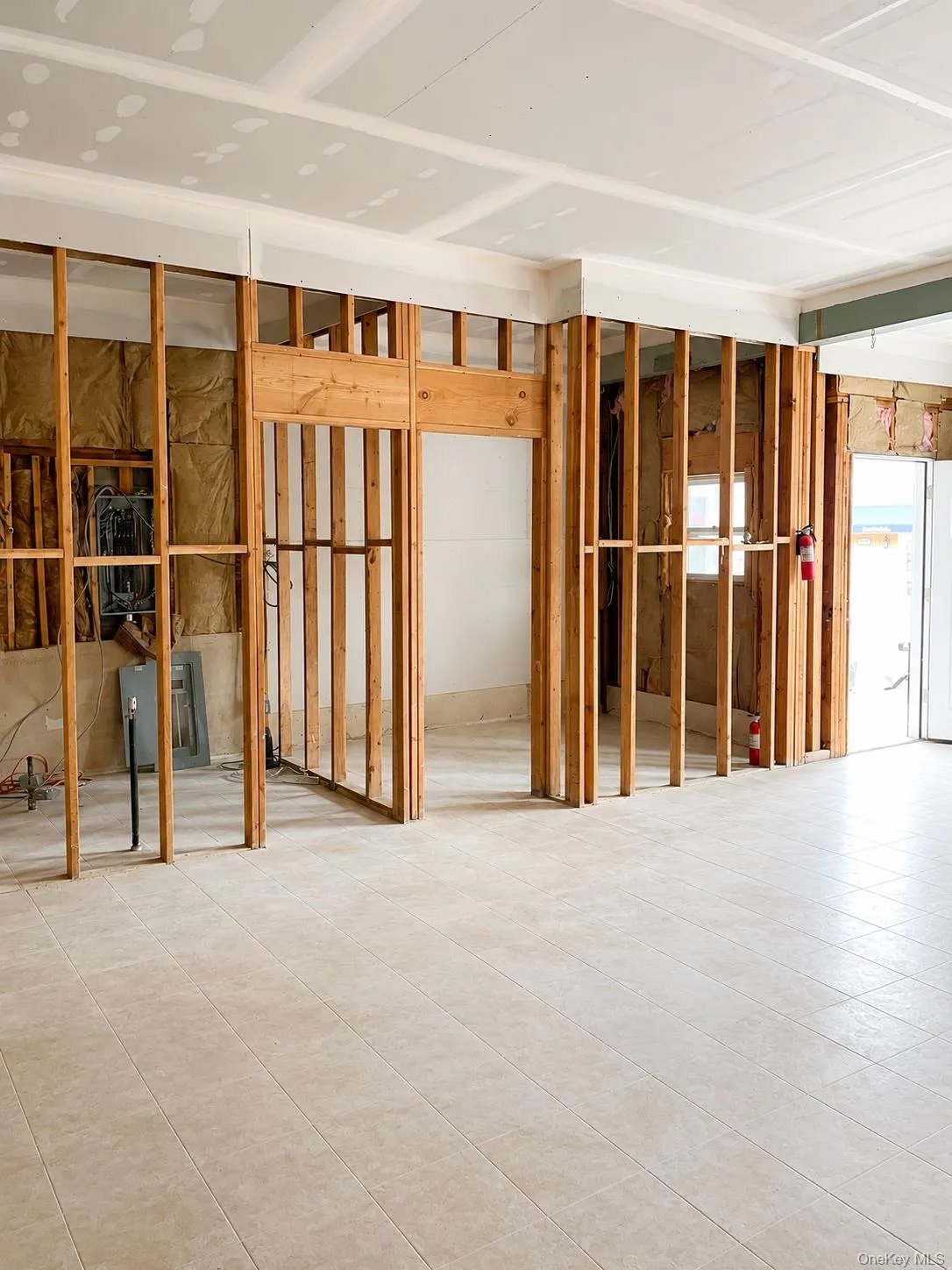 Interior with framing and tile floor Interior with framing and tile floor