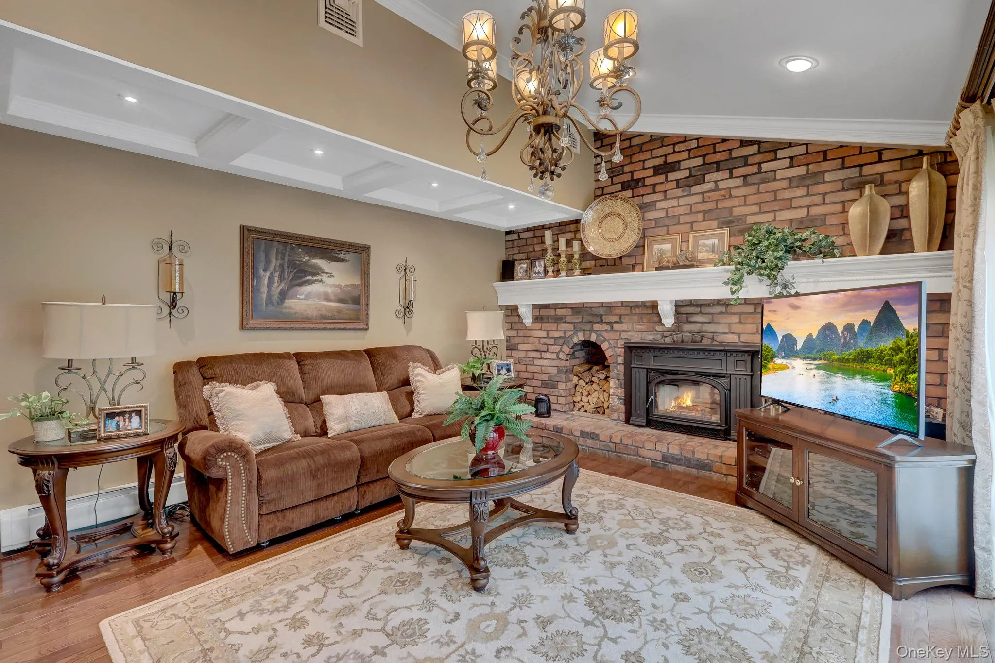 Brick fireplace with a wood-burning insert and a substantial mantel Brick fireplace with a wood-burning insert and a substantial mantel