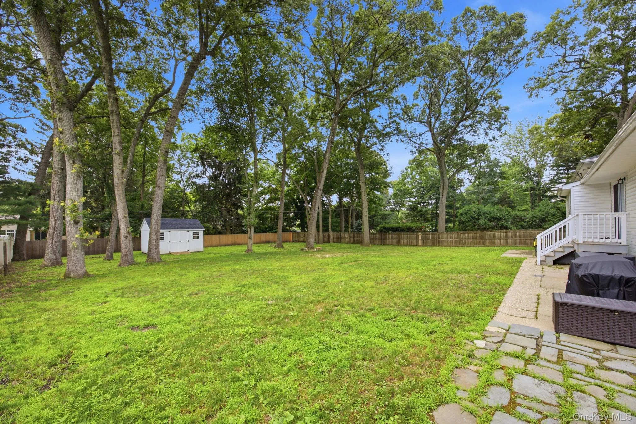 Expansive backyard with storage hut Expansive backyard with storage hut
