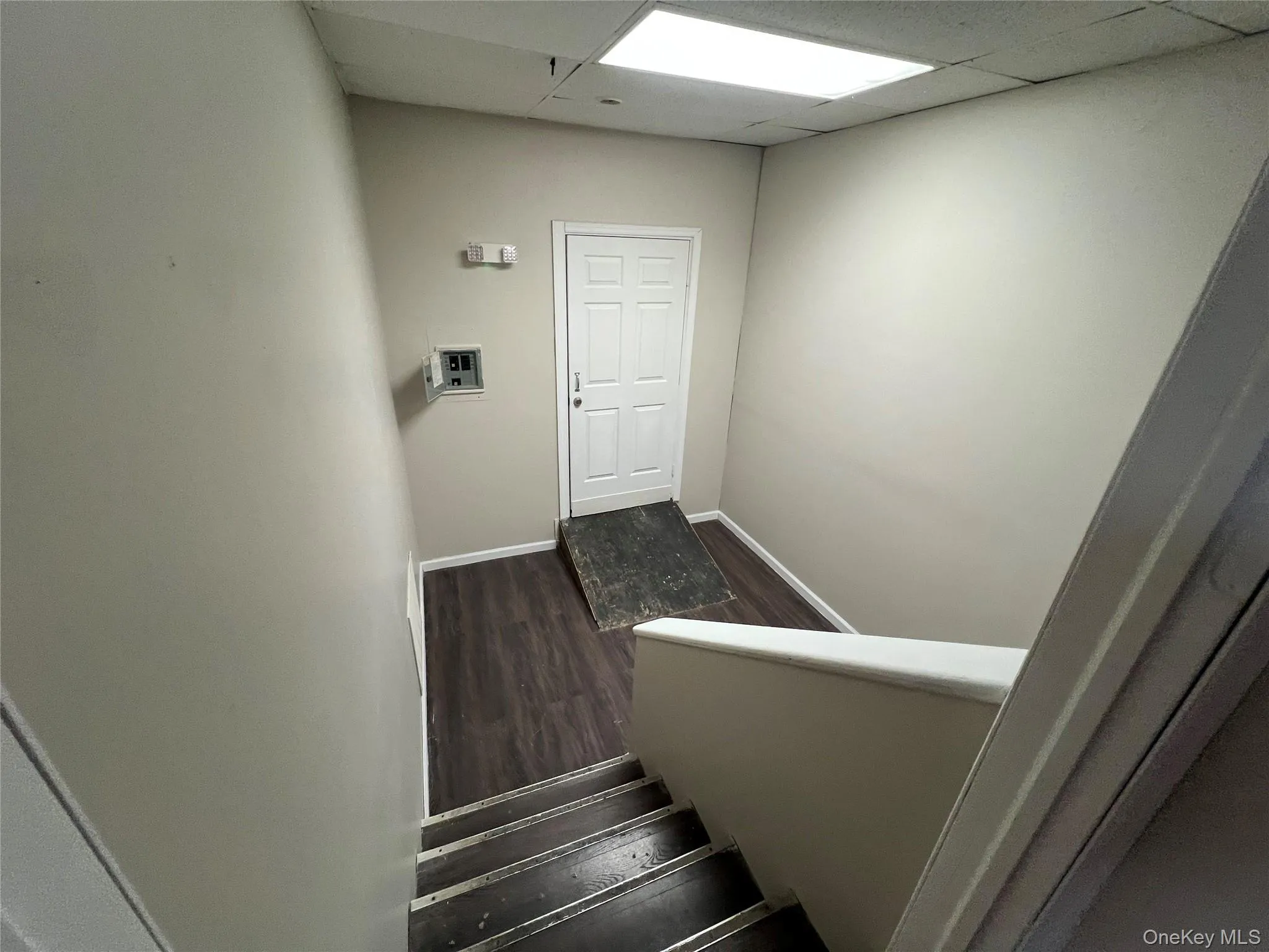 Staircase with baseboards, a paneled ceiling, and wood finished floors Staircase with baseboards, a paneled ceiling, and wood finished floors