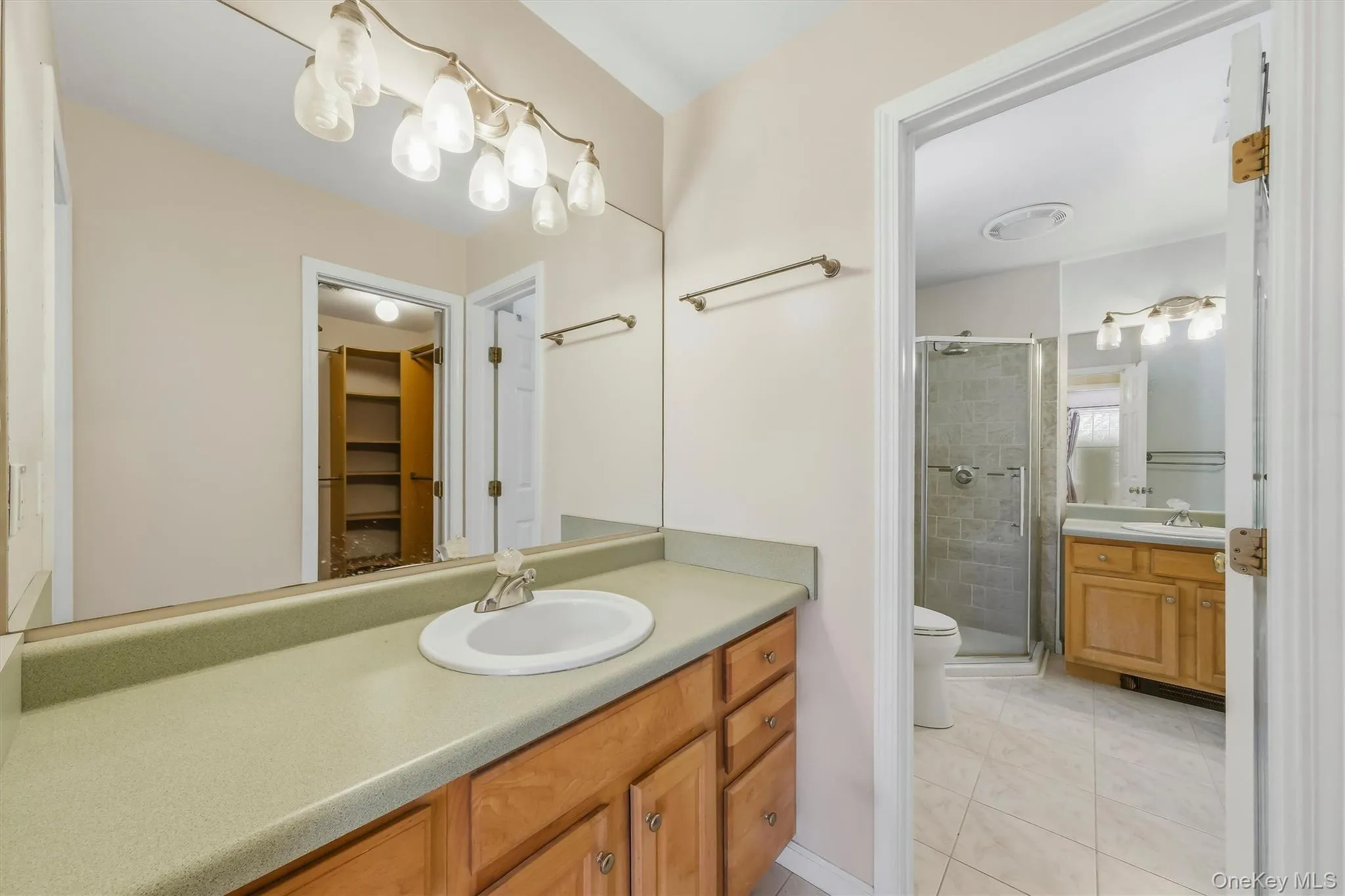 Primary bathroom with double vanity, jacuzzi tub & walk-in shower Primary bathroom with double vanity, jacuzzi tub & walk-in shower