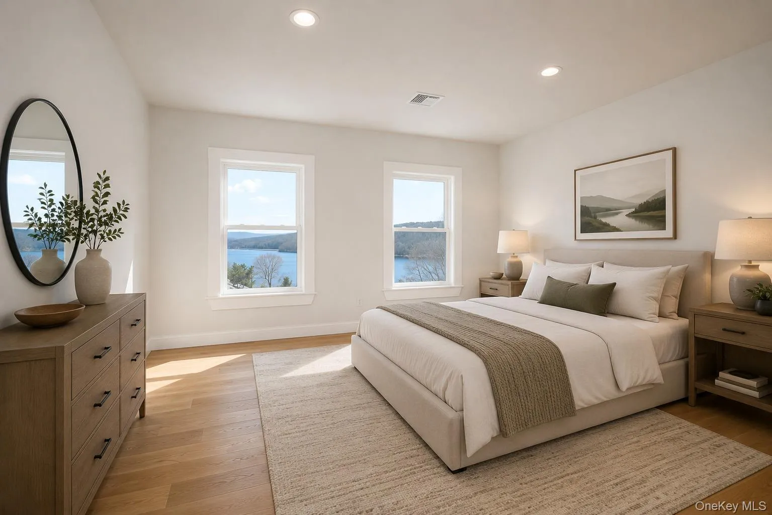 Bright room featuring two windows with water and landscape scenery, light wood-finish flooring, recessed lighting, and white walls Bright room featuring two windows with water and landscape scenery, light wood-finish flooring, recessed lighting, and white walls
