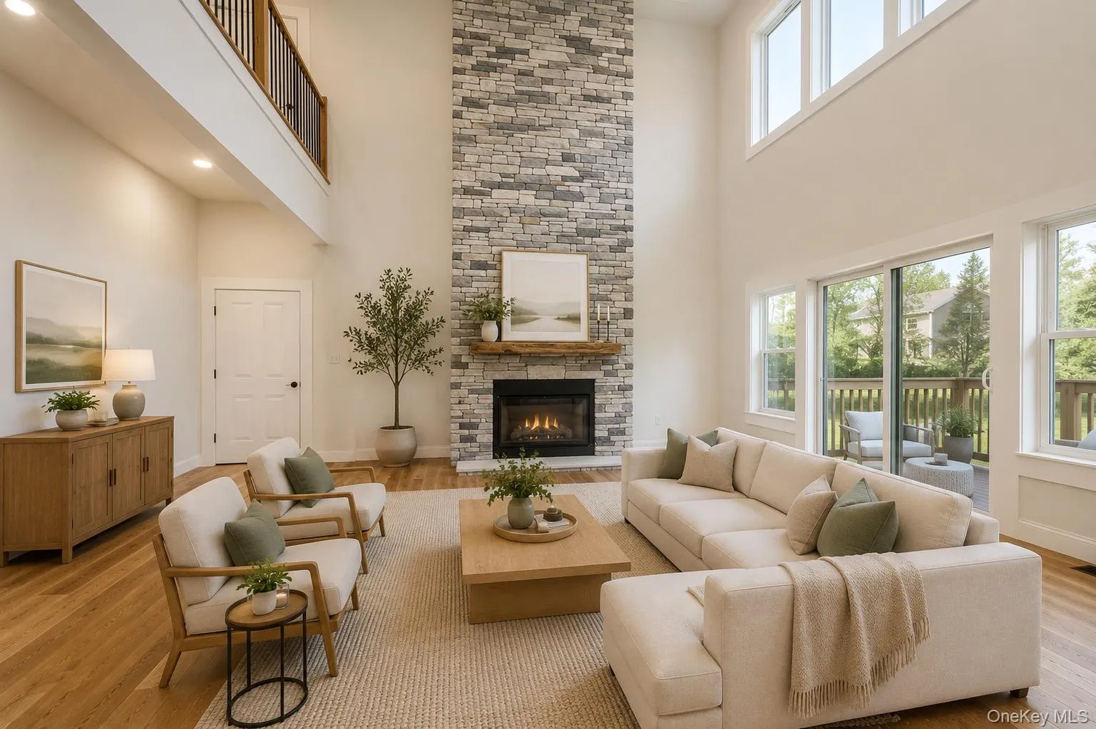 Spacious living area featuring a floor-to-ceiling stone fireplace, high ceilings, wood-finish flooring, a second-story overlook, and abundant natural light from multiple windows and a glass slider Furniture digitally staged Spacious living area featuring a floor-to-ceiling stone fireplace, high ceilings, wood-finish flooring, a second-story overlook, and abundant natural light from multiple windows and a glass slider Furniture digitally staged