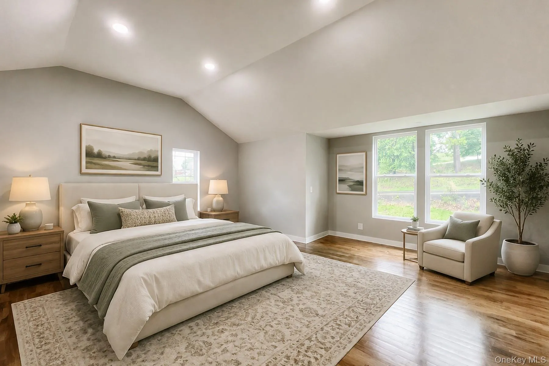 Virtually staged, primary bedroom featuring hardwood floors, ductless a/c, vaulted ceiling, oversized windows for peaceful, natural sunlight Virtually staged, primary bedroom featuring hardwood floors, ductless a/c, vaulted ceiling, oversized windows for peaceful, natural sunlight