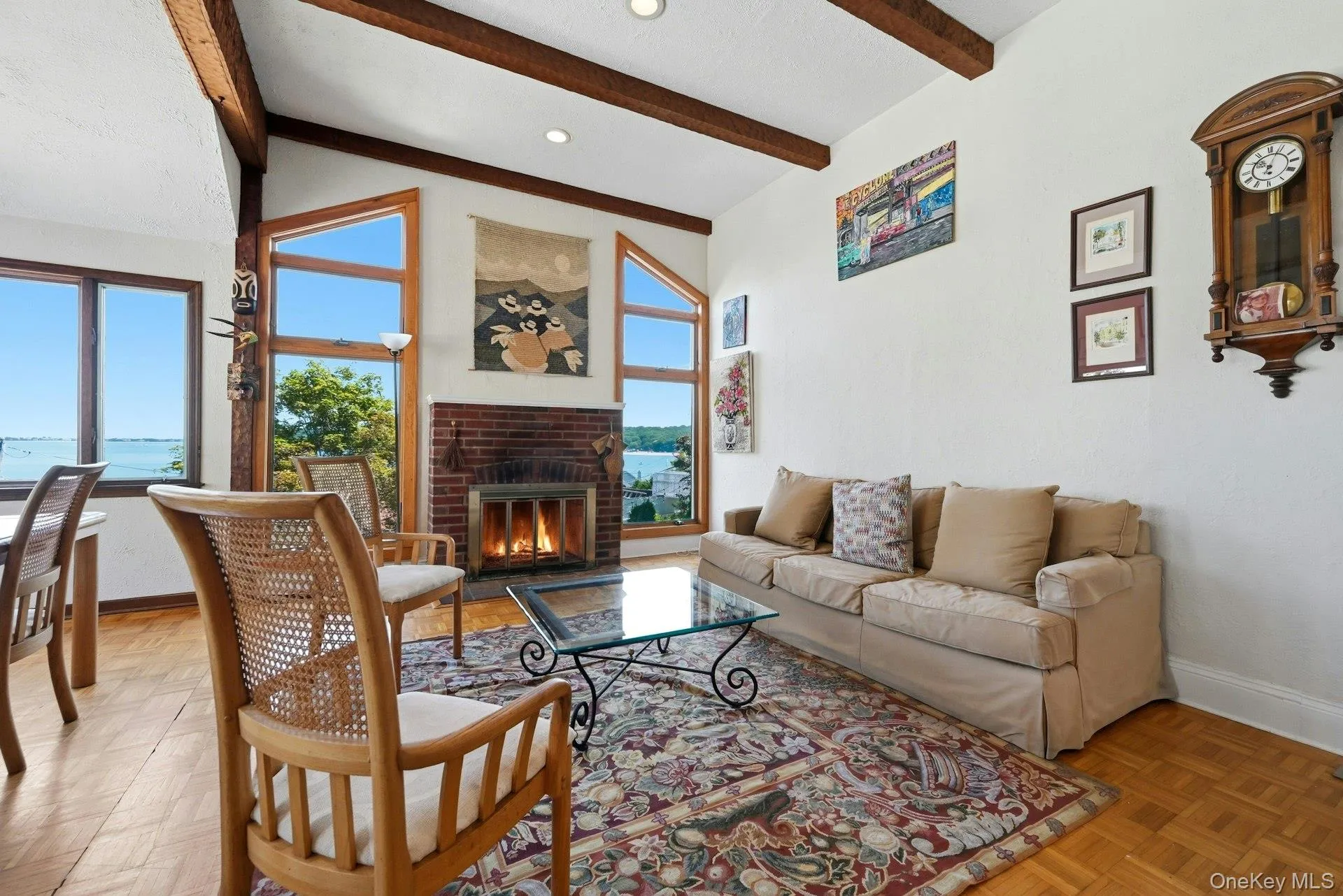 Great room with soaring beamed ceilings Great room with soaring beamed ceilings