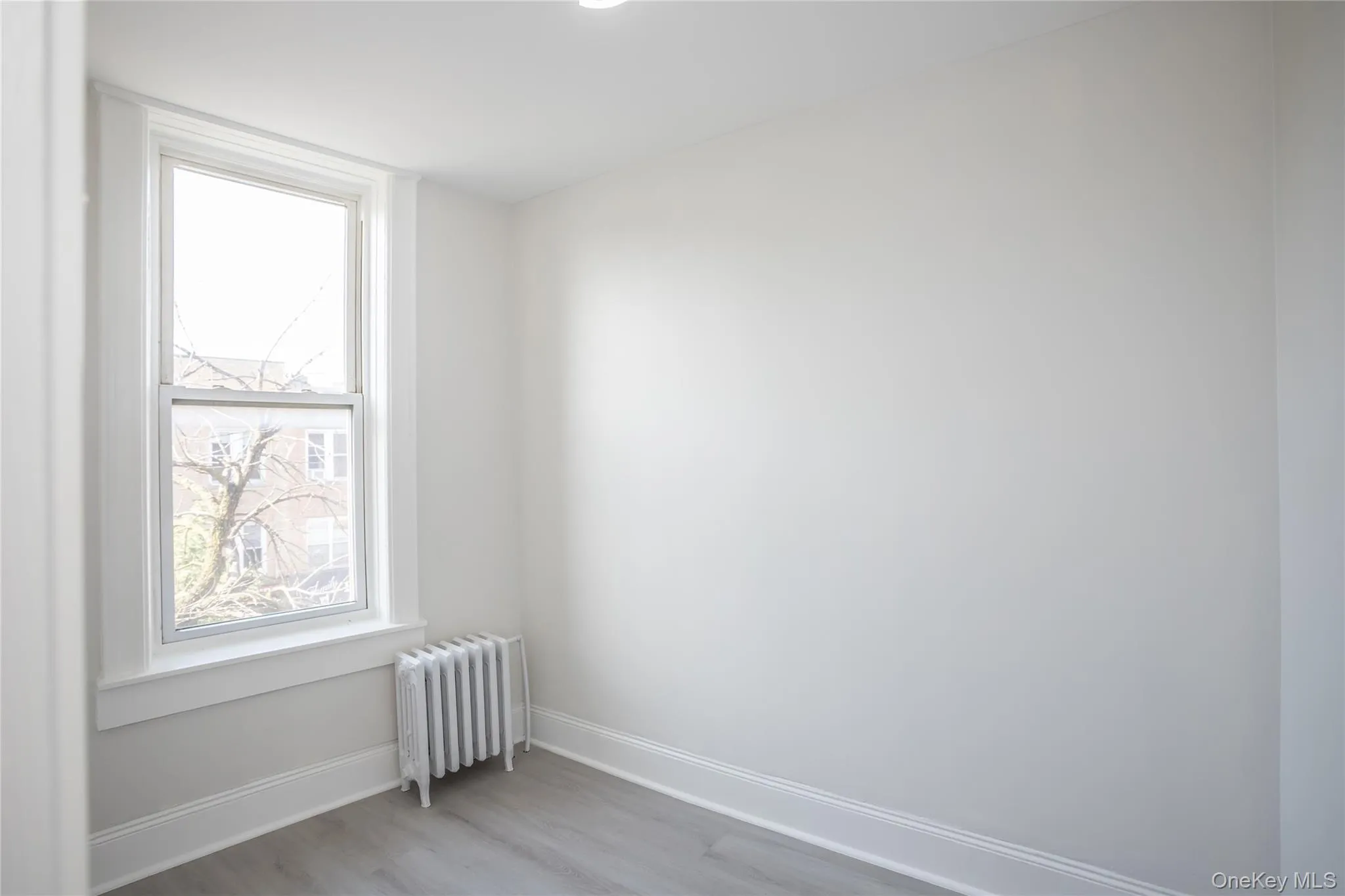 Spare room with radiator, light wood finished floors, and baseboards Spare room with radiator, light wood finished floors, and baseboards