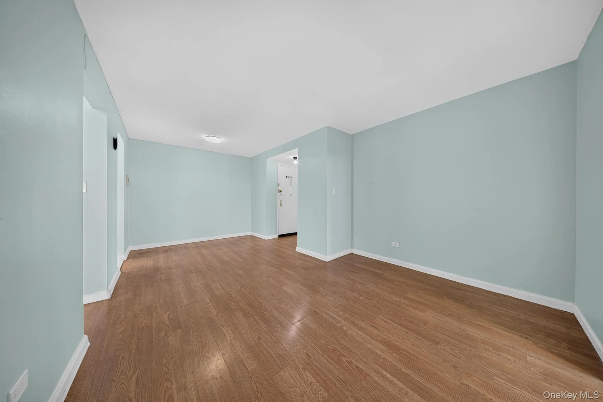 Expansive interior room featuring light blue walls, wood-finish flooring, and crisp white baseboards Expansive interior room featuring light blue walls, wood-finish flooring, and crisp white baseboards