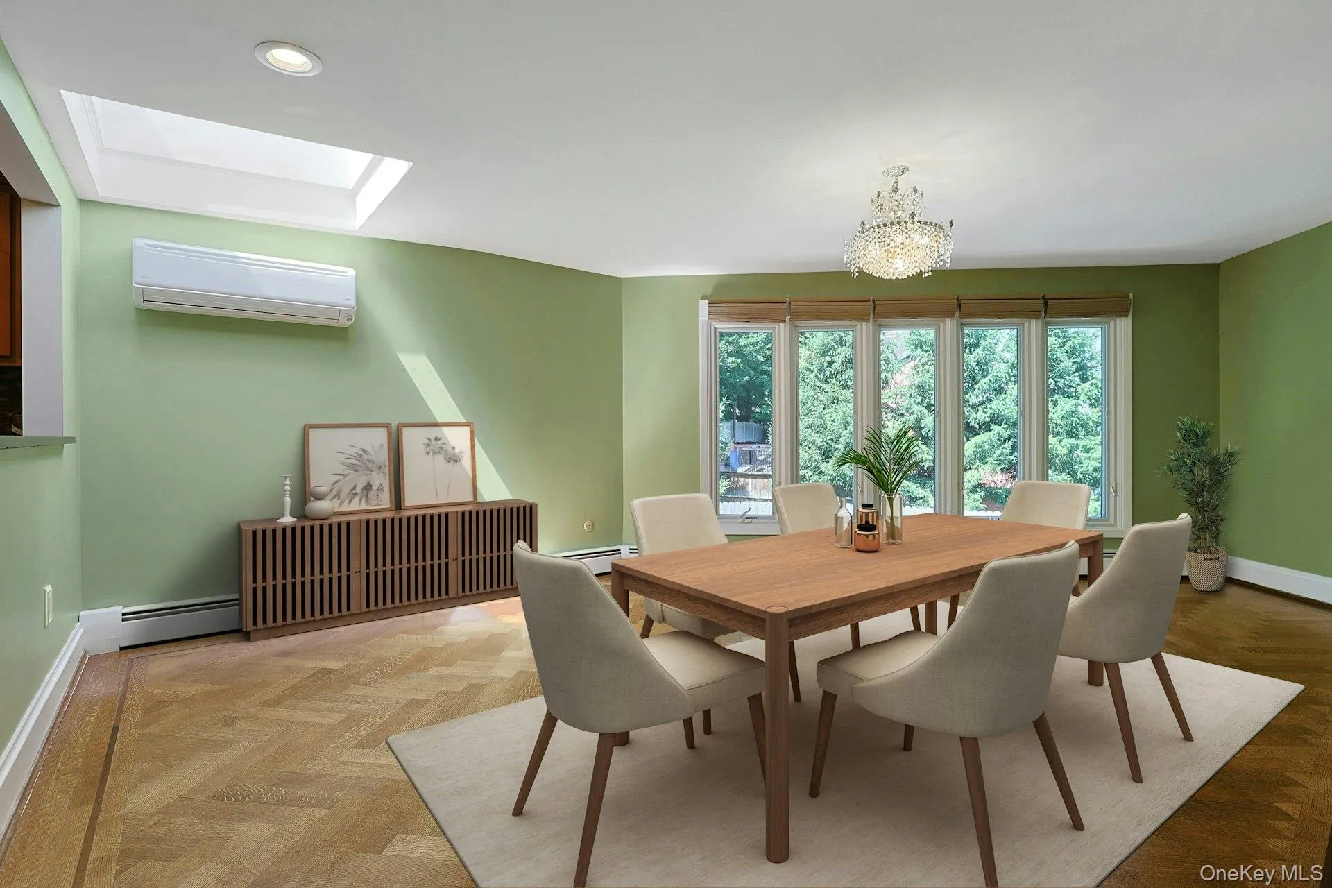 The spacious dining room is graced by a large skylight and wall of windows overlooking the private pool. As in most other rooms in the home, the split A/C makes customizing temperatures a literal breeze. The spacious dining room is graced by a large skylight and wall of windows overlooking the private pool. As in most other rooms in the home, the split A/C makes customizing temperatures a literal breeze.