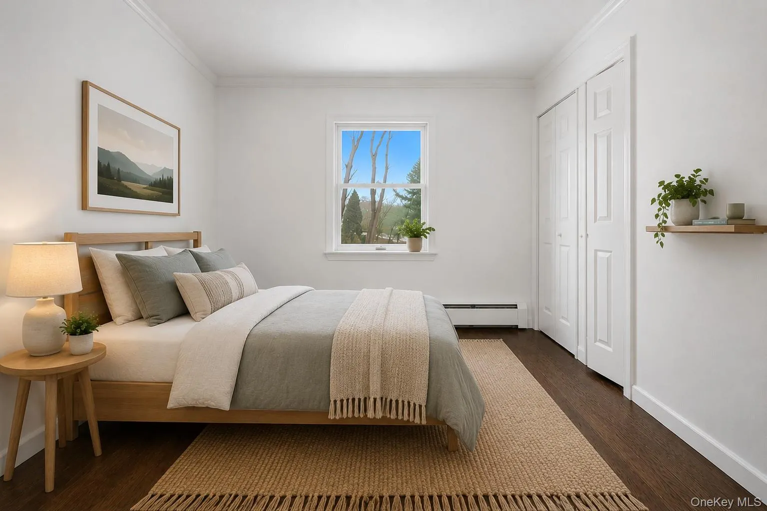 Bright bedroom with wood-finish flooring, a double window, and two bi-fold closet doors Bright bedroom with wood-finish flooring, a double window, and two bi-fold closet doors