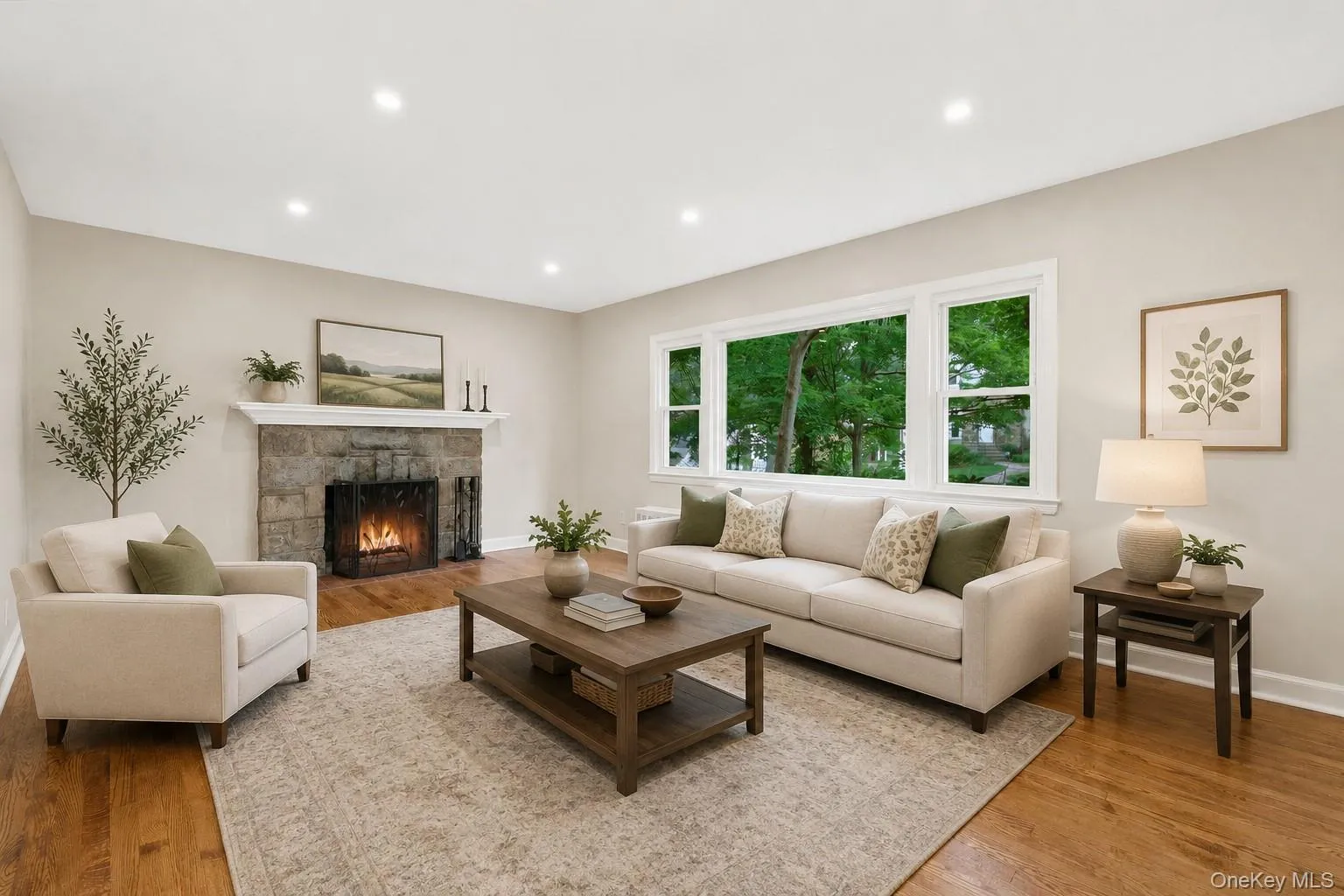 Living Room with Wood Burning Fireplace. AI generated staging Living Room with Wood Burning Fireplace. AI generated staging